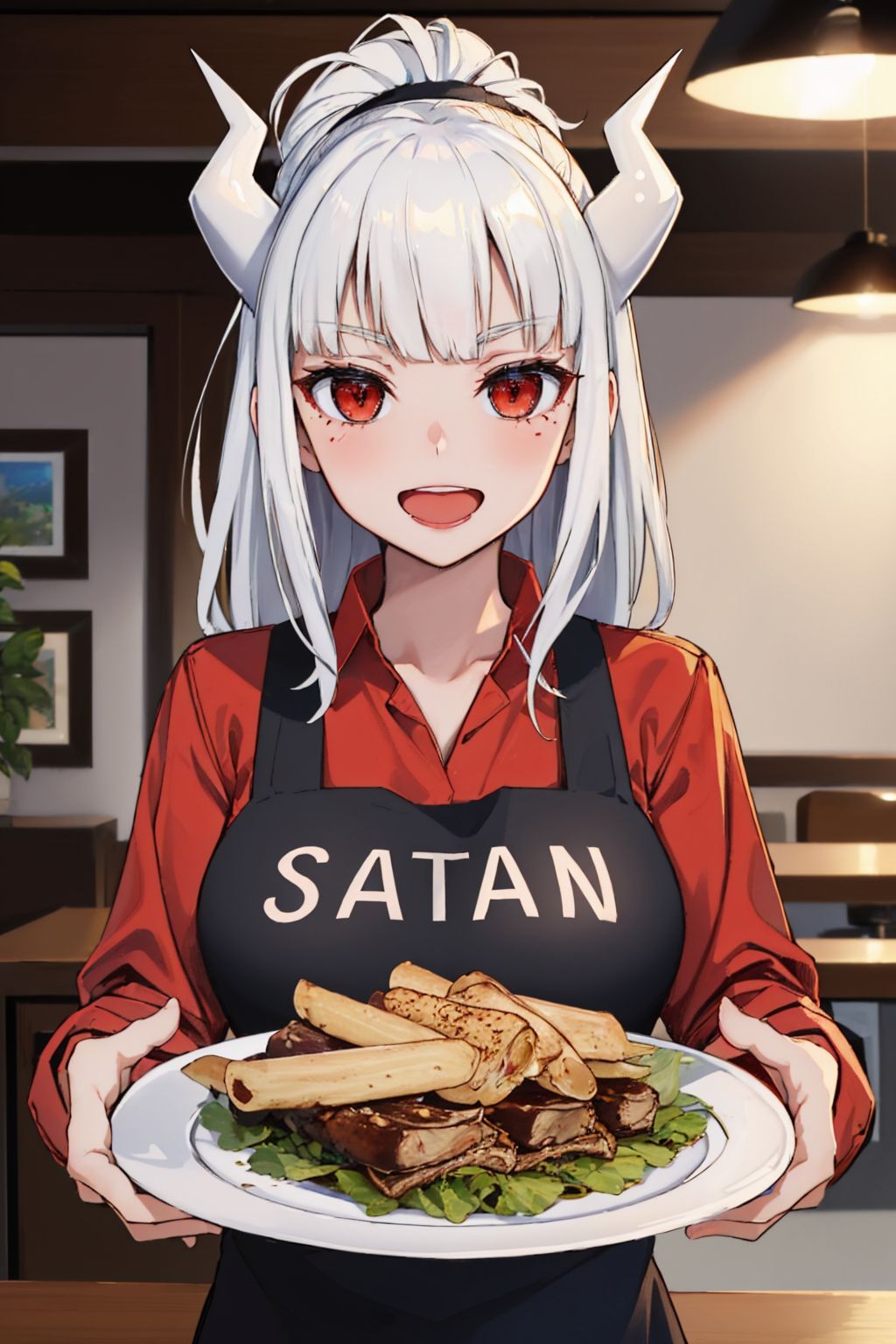 (masterpiece, best quality:1.2), upper body, luciferapron, smile, open mouth, looking at viewer, plate, food, red shirt, black apron, indoors, table <lora:helltaker_lucifer-17:1>