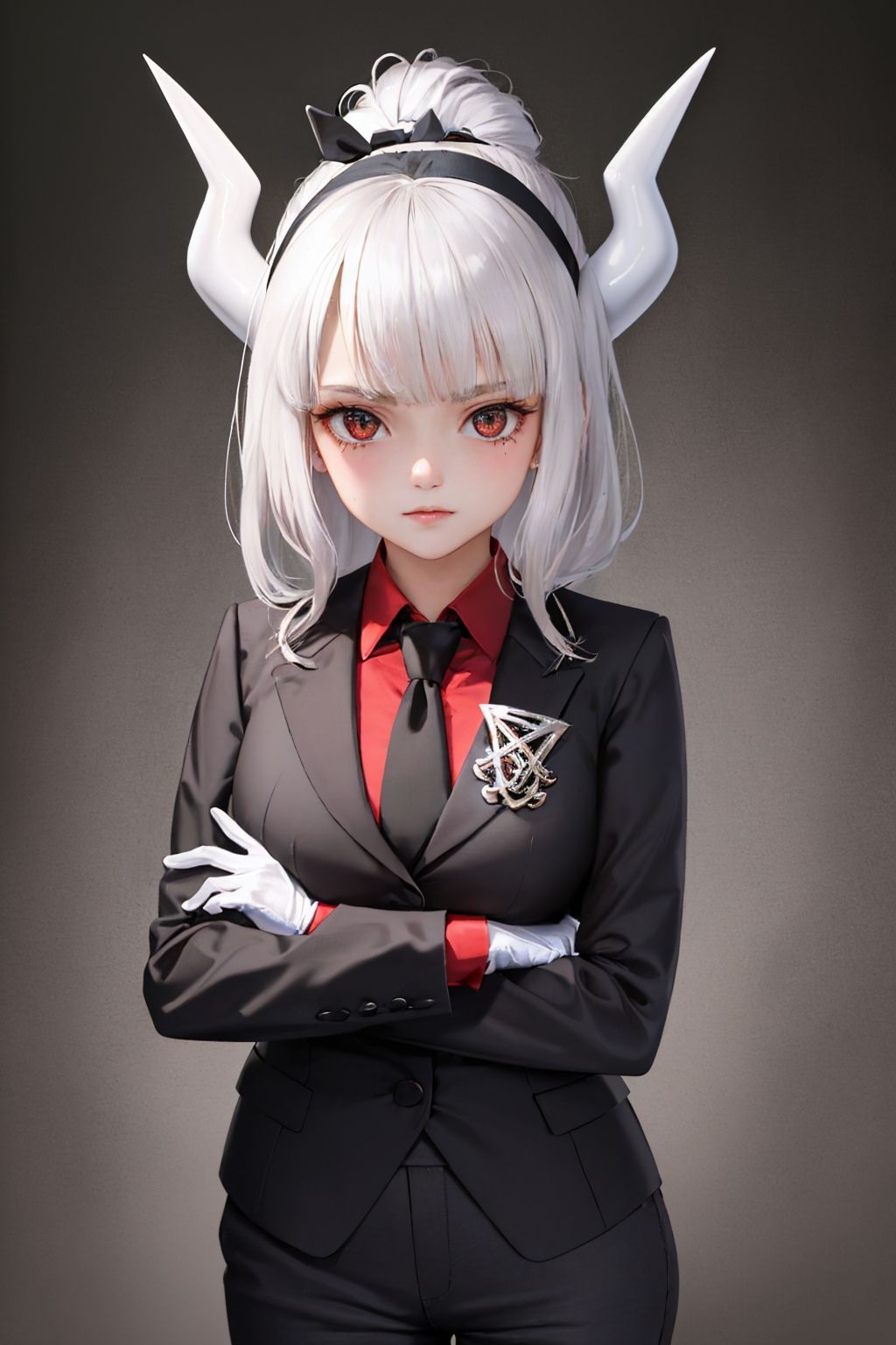 (masterpiece, best quality:1.2), solo, 1girl, luciferdef, smug, looking at viewer, crossed arms, v-shaped eyebrows, formal, suit, black jacket, red shirt, black necktie, white gloves, black pants <lora:helltaker_lucifer-17:1>