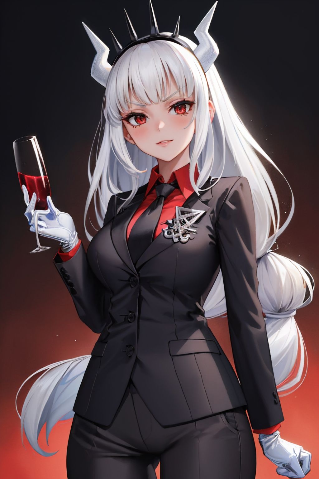 (masterpiece, best quality:1.2), solo, 1girl, luciferdef, smug, looking at viewer, holding wine glass, formal, suit, black jacket, red shirt, black necktie, white gloves, black pants <lora:helltaker_lucifer-17:1>