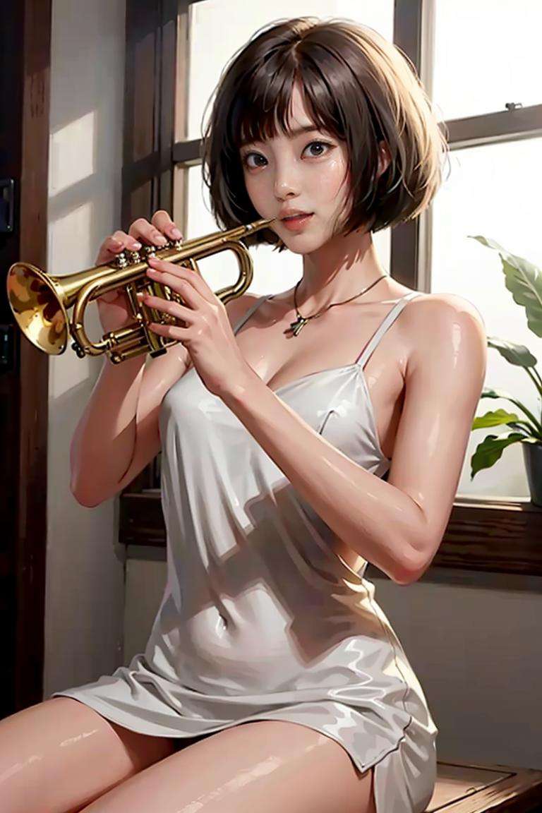 1girl, playing trumpet, trumpet, masterpiece, best quality, 8k, Bob Cut