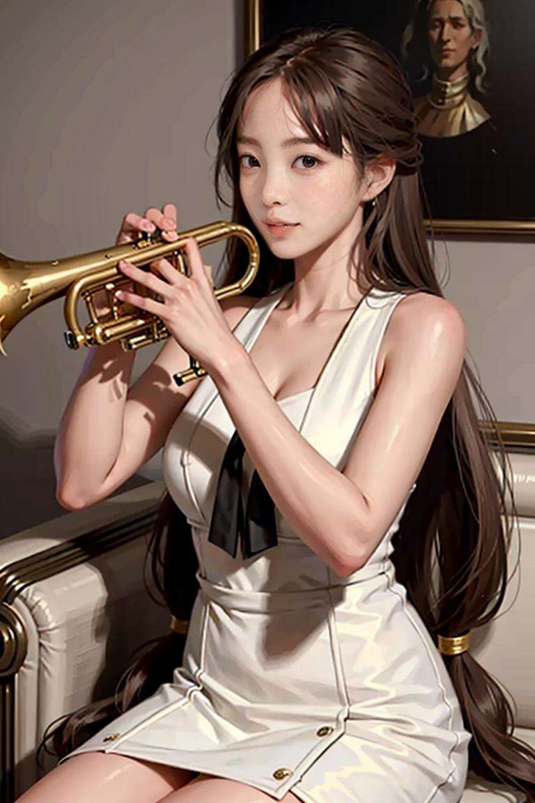 1girl, playing trumpet, trumpet, masterpiece, best quality, 8k, sleeveless, long hair, sitting, indoor,  <lora:trumpet_v1:0.6>