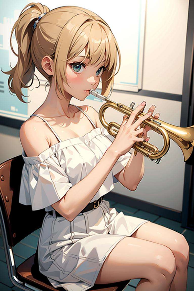 1girl, playing trumpet, trumpet, masterpiece, best quality, 8k,  white off-shoulder top, sitting,  <lora:trumpet_v1:0.64>