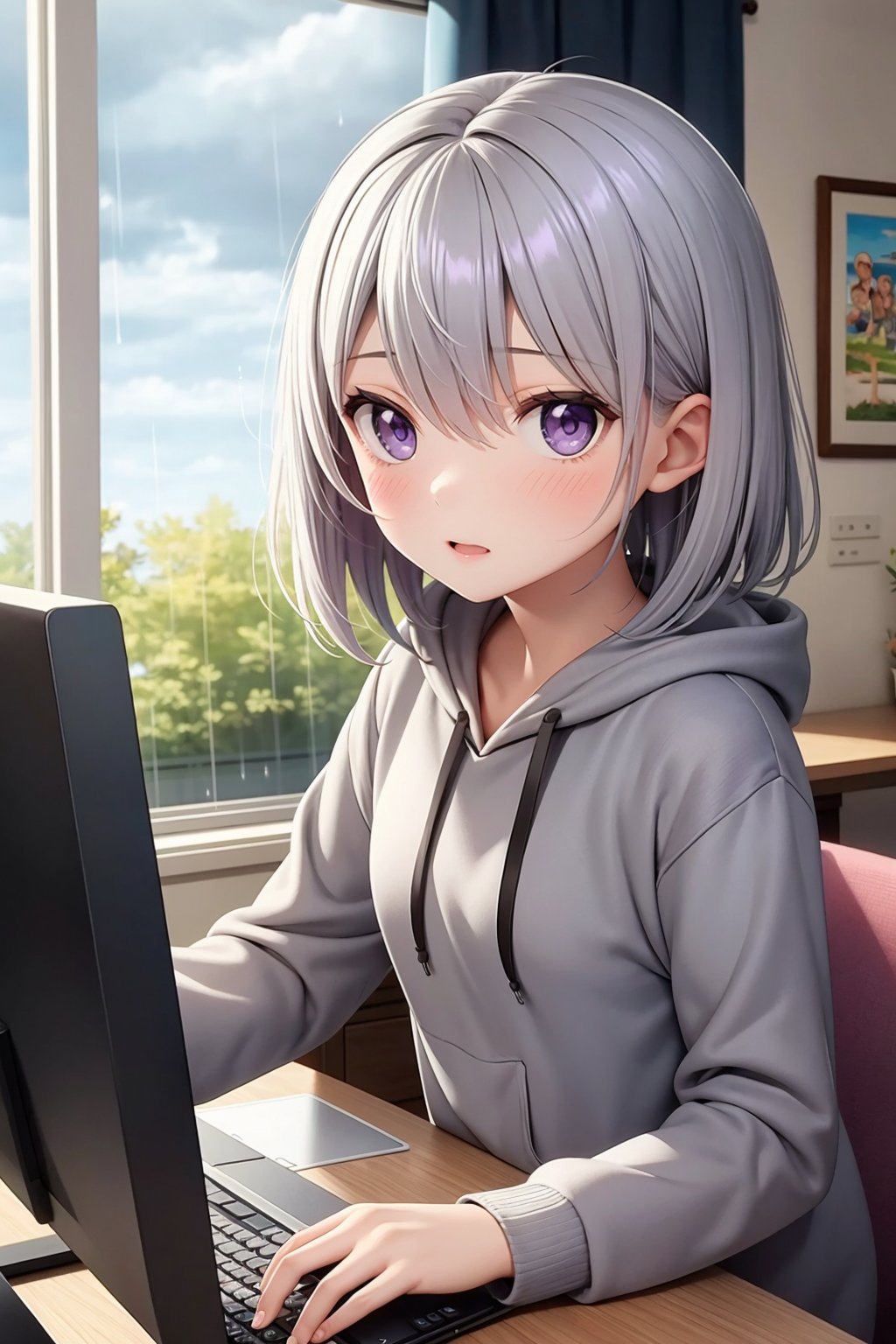 (masterpiece), 1girl, medium hair, silver hair, purple eyes, grey hoodie, rain, henhance, indoor, casual, computer, petite