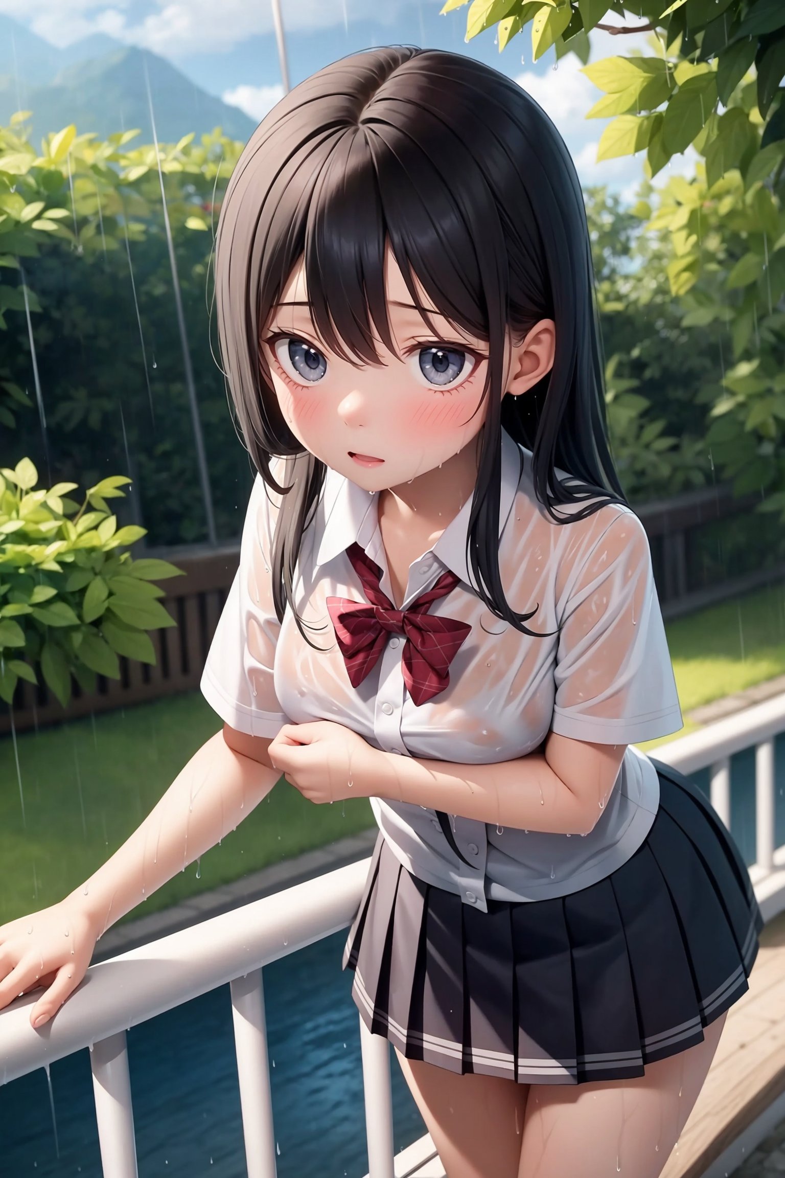 (masterpiece), 1girl, school uniform, wet clothes, rain, henhance,