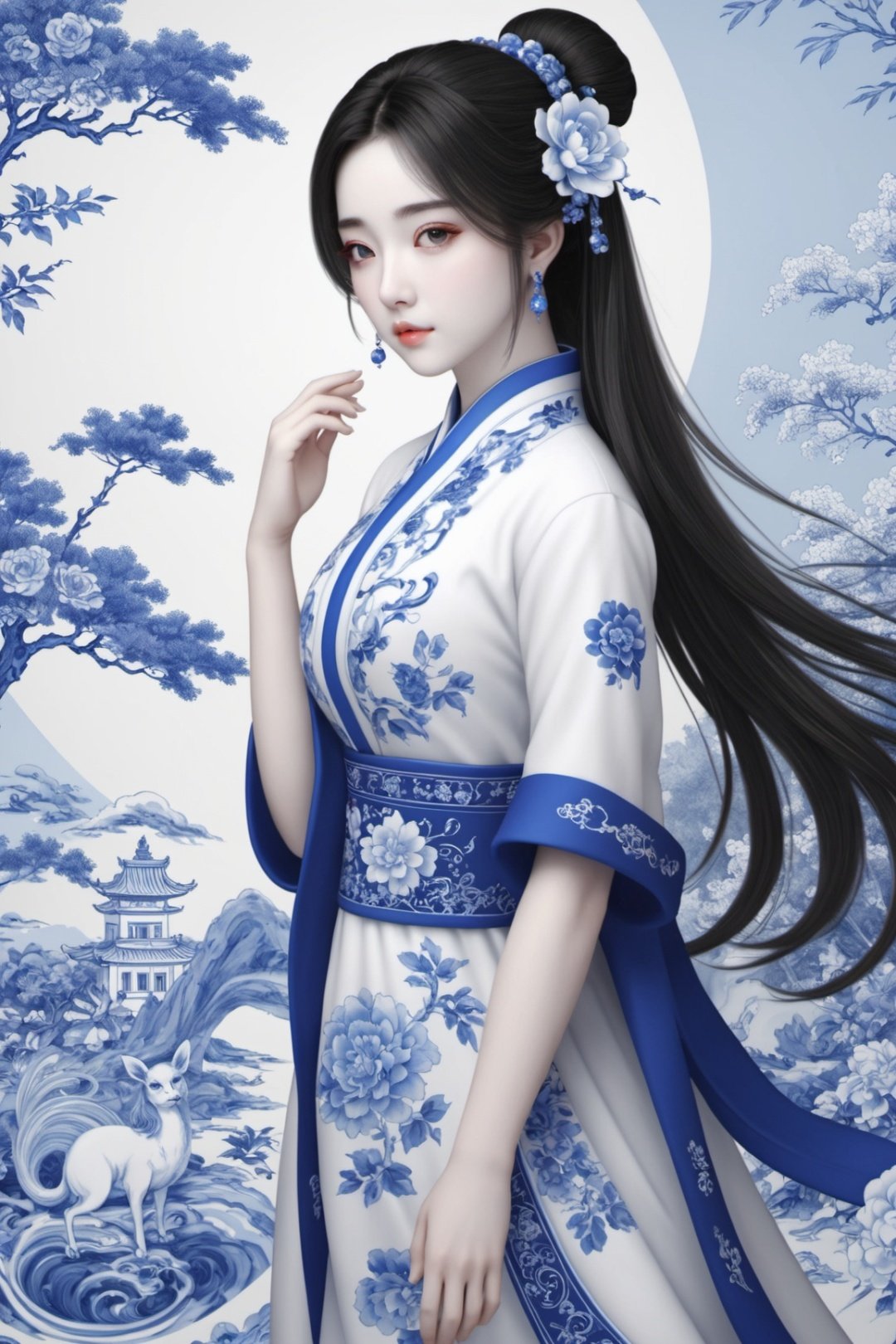 masterpiece,best quality,8k,cg,1girl,blue and white porcelain