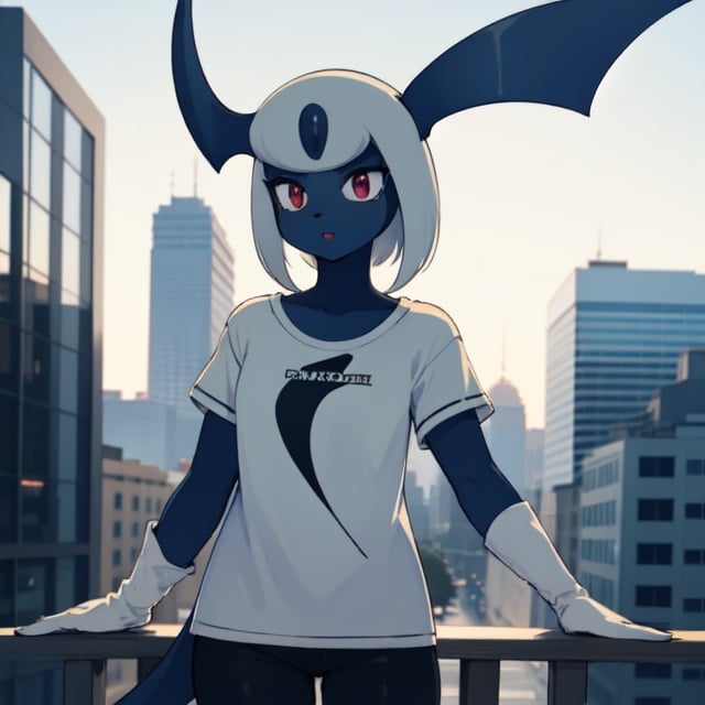  detalied, high_quality, city, solo, cowboy_shot, absol, t-shirt, anhtro