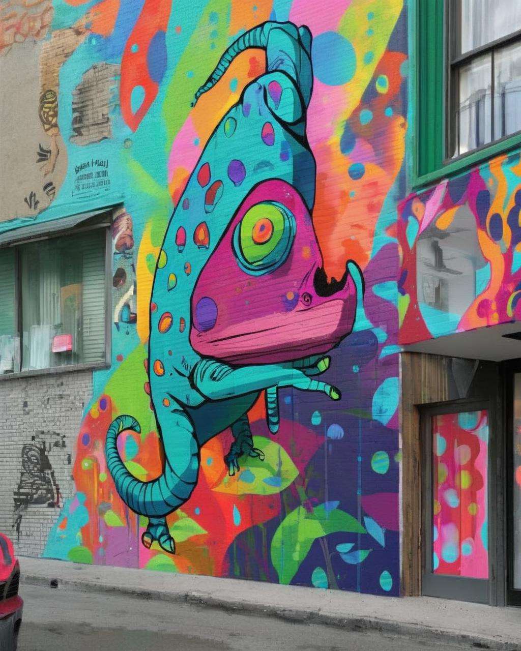 A colossal street mural:0.7 featuring a vividly colored chameleon:0.5, blending seamlessly into a riot of urban patterns and textures:0.4, reflecting the concept of adaptation:0.3 with a touch of whimsy:0.2.<lora:Street_Art:1.0>