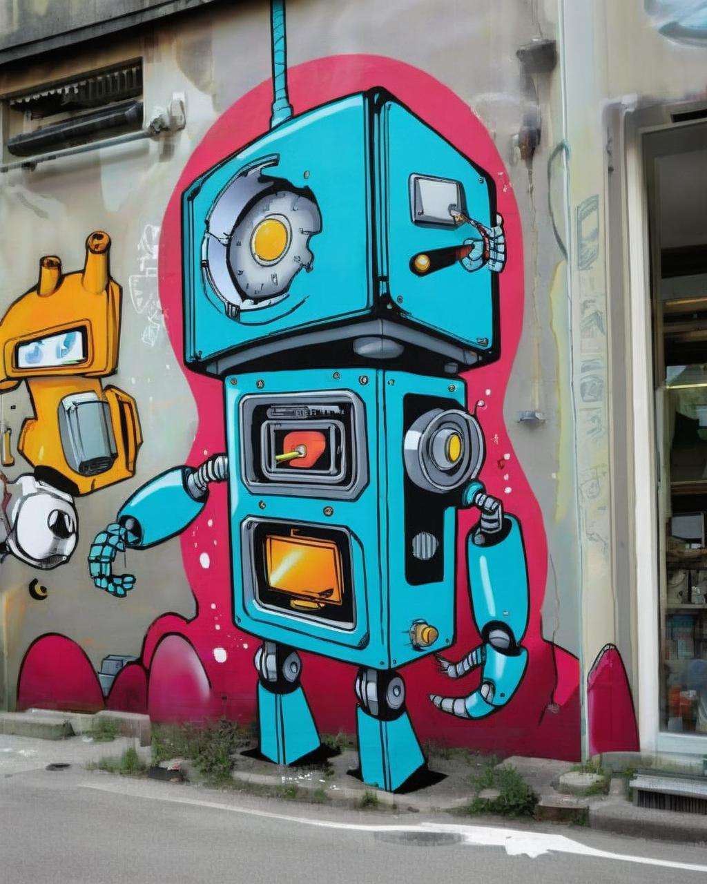 Graffiti that humorously explores the concept of time travel:0.6, with a retro-futuristic robot:0.4 in a time machine made from kitchen appliances:0.4, poking fun at sci-fi clichés:0.3, painted with a tongue-in-cheek and playful touch:0.2.<lora:Street_Art:1.0>