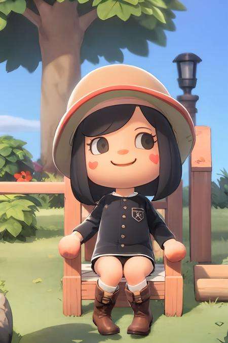 masterpiece, best quality,  <lora:ach02-000010:1>,chibi, 1girl, tree, solo, outdoors, brown footwear, day, sky, sitting, cloud, hat, house, black hair, grass, smile, blue sky, black eyes, heart, building, window, bush, boots, bangs, long sleeves, rock, medium hair, shirt