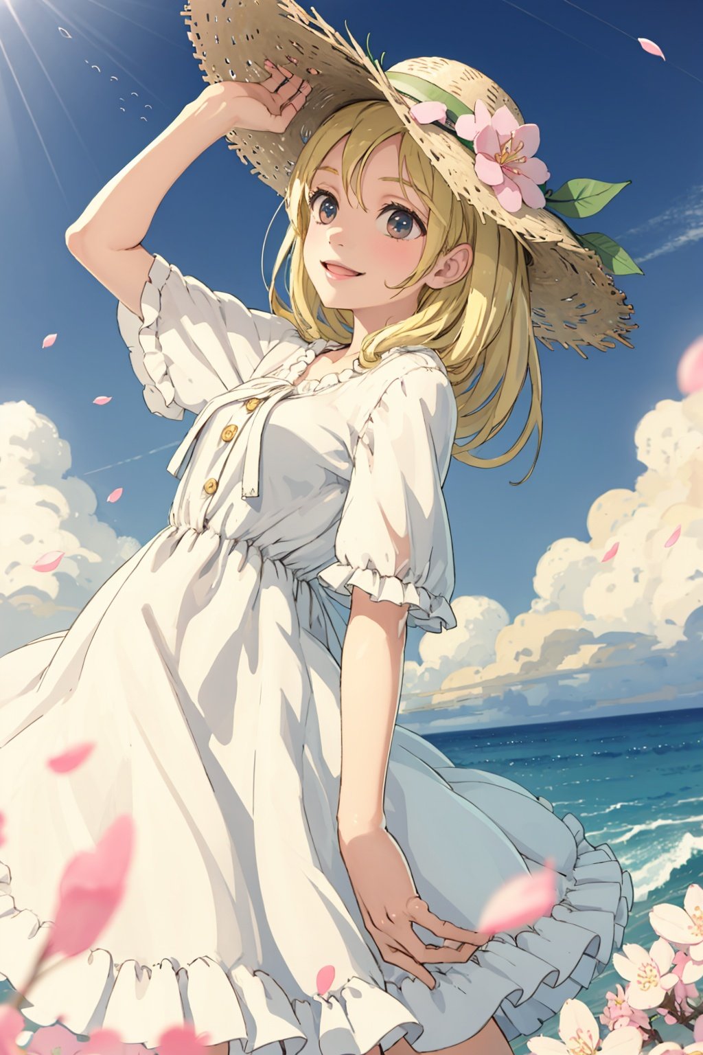 masterpiece, best quality,1girl,solo,little girl,loli, cherry blossoms, sakura,day,outdoors,sky, blue sky, cloudy sky,smile,ocean, straw hat,long hair,smile,blonde hair, white dress,hand on back,bent over,