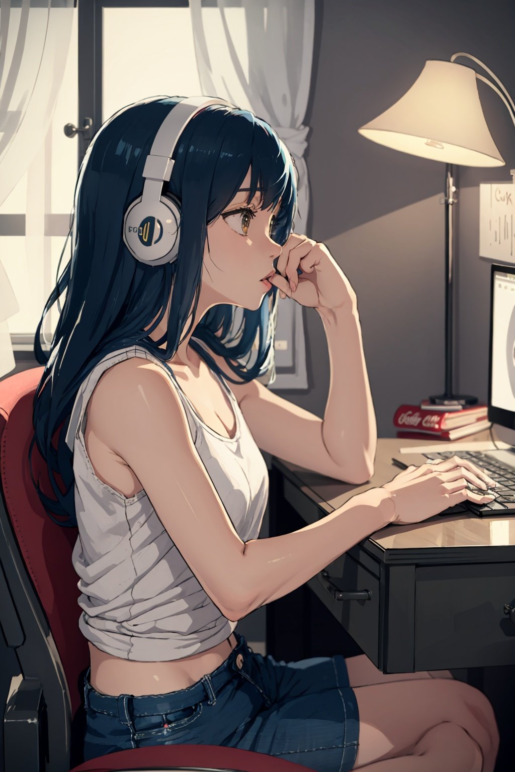 masterpiece, best quality,1girl, solo, headphones, sitting, blue theme, chair, computer, monitor, headphones around neck, shorts, bookshelf, long hair, mouse (computer), drawing tablet, keyboard (computer), office chair, indoors, bottle, box, book, from side, tank top, shirt, can, dark, cardboard box, profile, holding, desk, sleeveless, monochrome, stuffed toy, black hair, laptop, short shorts, messy room, shelf, drawing, stylus, trash can, paper, stuffed animal, cup, lamp, sleeveless shirt, bare shoulders, sketch, watch, pen, night, soda can, water bottle, clock, closed mouth, pencil, wristwatch, poster (object), bangs, desk lamp, blue hair, book stack, controller, game controller, coca-cola, phone, curtains, tissue box, window, teddy bear, drawer