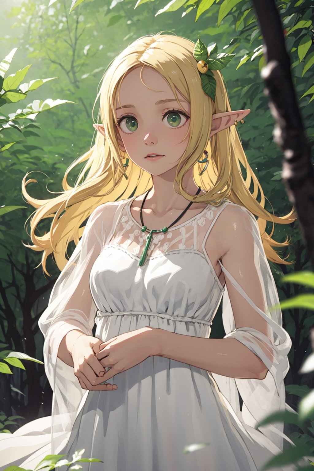 masterpiece, best quality,1girl,elf,pointy ears, blonde hair, long hair,forehead, green eyes,hair ornament, leaf hair ornament, forest, jewelry, earrings,necklace, outdoors,upper body, white dress,see-through, cowboy shot,