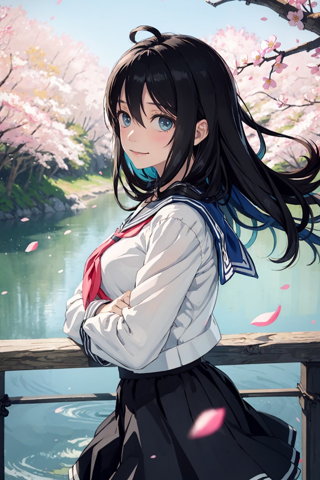 masterpiece, best quality,1girl, solo, long hair, school uniform, skirt, serafuku, cherry blossoms, outdoors, looking at viewer, pleated skirt, smile, railing, shirt, blue eyes, bangs, white shirt, sailor collar, blush, long sleeves, closed mouth, brown hair, petals, black hair, black skirt, bridge, water, looking back, floating hair, tree, blue sailor collar, river, red ribbon, day, wind, looking to the side, standing, blue skirt, spring (season), hair between eyes, neckerchief, from side, red neckerchief, ribbon, very long hair, lake, multicolored hair, black sailor collar, neck ribbon, uniform, green eyes, aqua eyes, crossed arms, from behind, branch, ahoge, flower, gradient hair