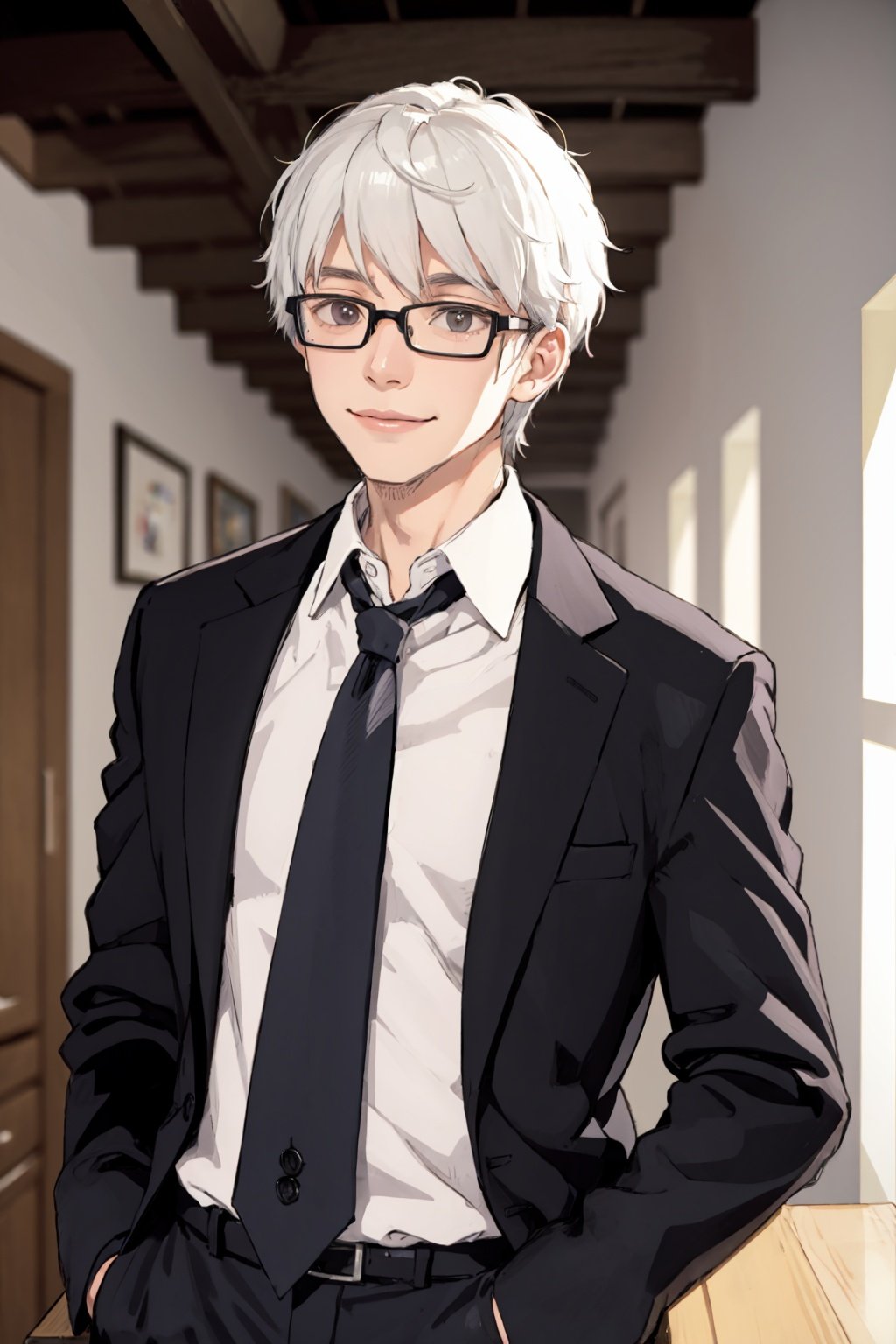 masterpiece, best quality,1boy,smile,white hair,mature male, indoors,glasses,suit,formal,necktie,