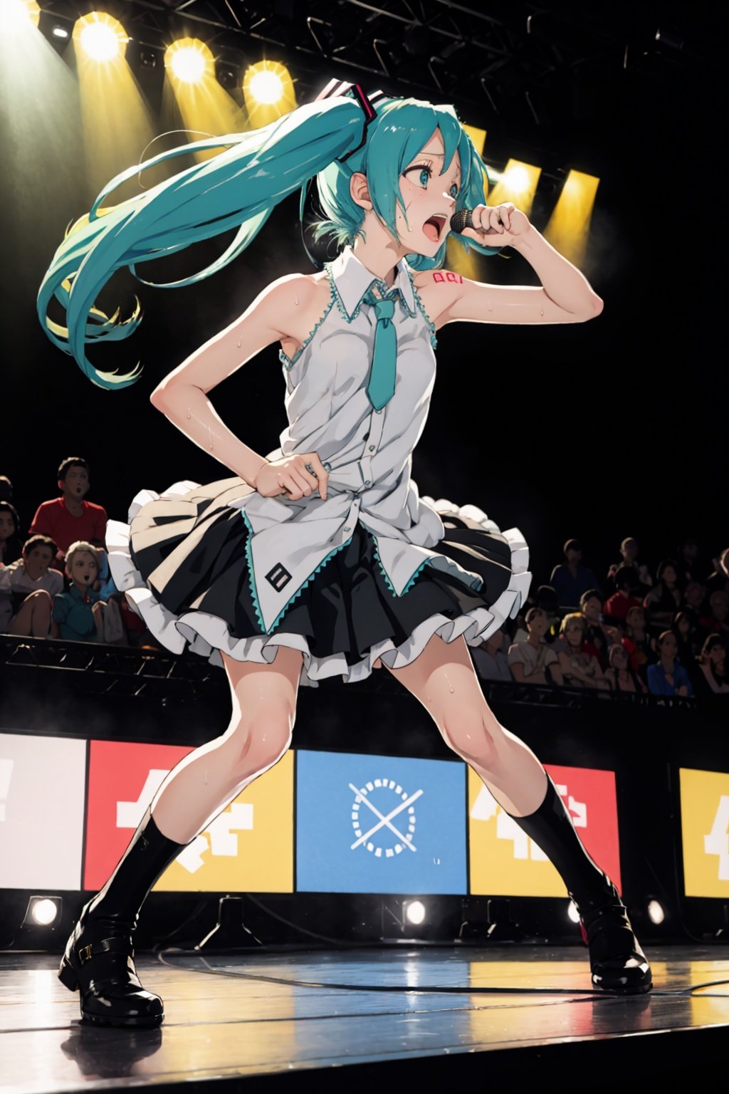 masterpiece, best quality,1girl,hatsune miku, long hair,green hair,twintails, headband, bare shoulders, stage, stage lights, singing, sweat, sweatdrop, full body,