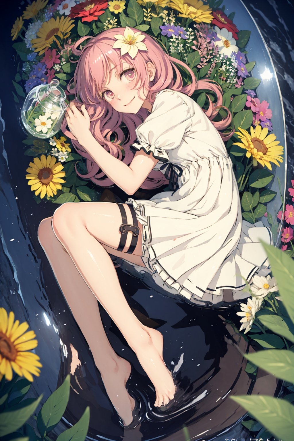 masterpiece, best quality,1girl, solo,( flower:1.4), pink hair, hair flower, long hair, in container, hair ornament, barefoot, looking at viewer, smile, short sleeves, blush, bangs, white shirt, shirt, closed mouth, pink eyes, submerged, bare legs, ass, white dress, legs up, bubble, from side, frills, full body, bottle, english text, dress, pink flower, ribbon, puffy short sleeves, white flower, puffy sleeves, skirt, leg ribbon, looking to the side, water, sparkle, thighs, red flower, thigh strap, lying, head tilt, air bubble, white background, perfume bottle,bow, jar, transparent, leg up, wavy hair, petals, underwear, knees up, short dress