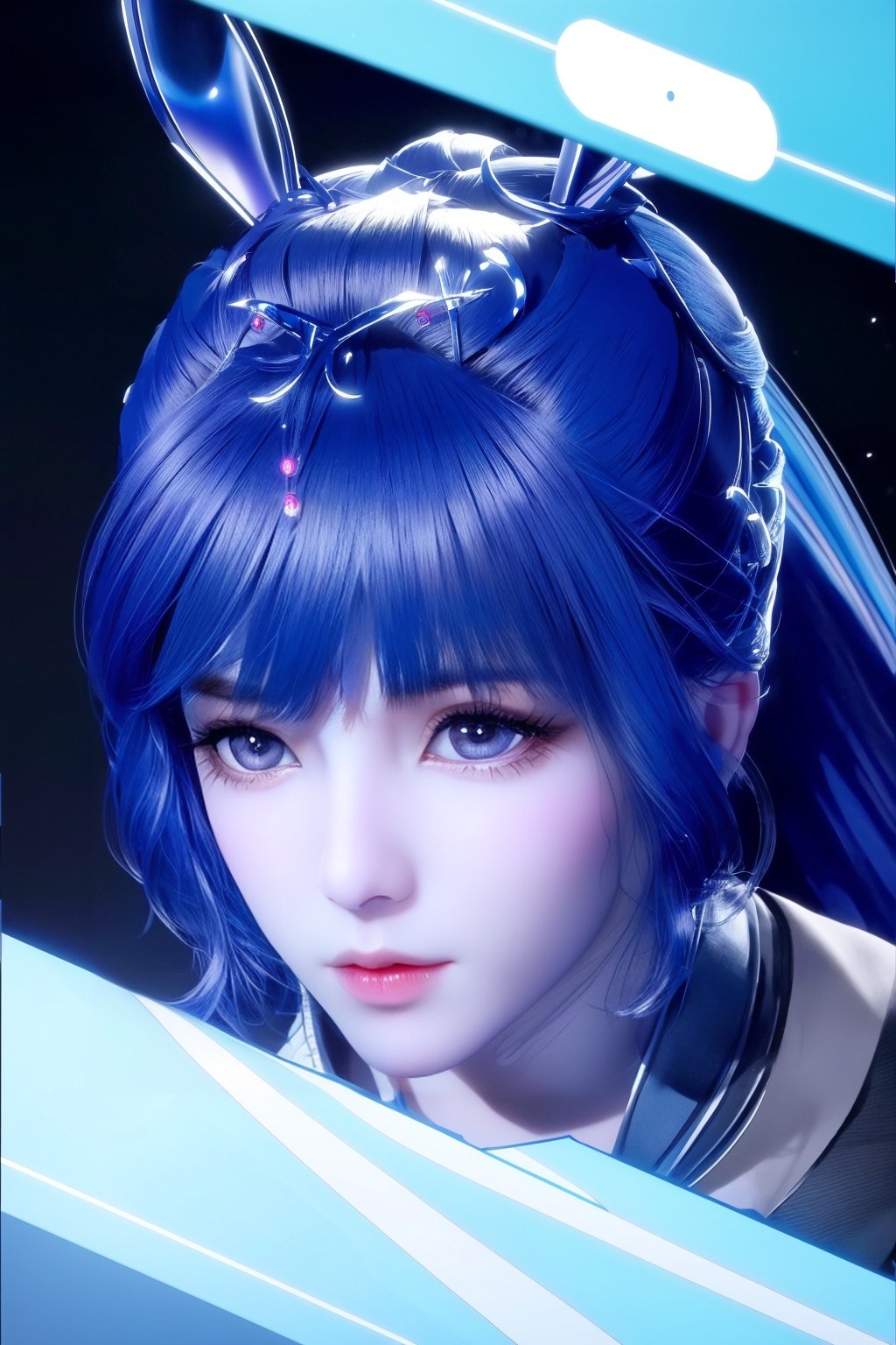 (Masterpiece, Best Picture Quality, Special Effects), Cyberpunk, a high-tech mobile phone with projection function. The phone projects content horizontally on a table, projecting a girl, blue hair, bangs, futuristic style (module),Phone case,xwhd