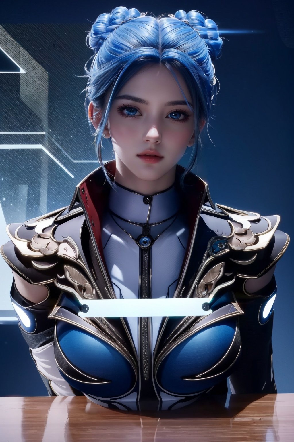 (Masterpiece, Best Picture Quality, Special Effects), Cyberpunk, a high-tech mobile phone with projection function. The phone projects content horizontally on a table, projecting a girl, blue hair, bangs, futuristic style (module),Phone case