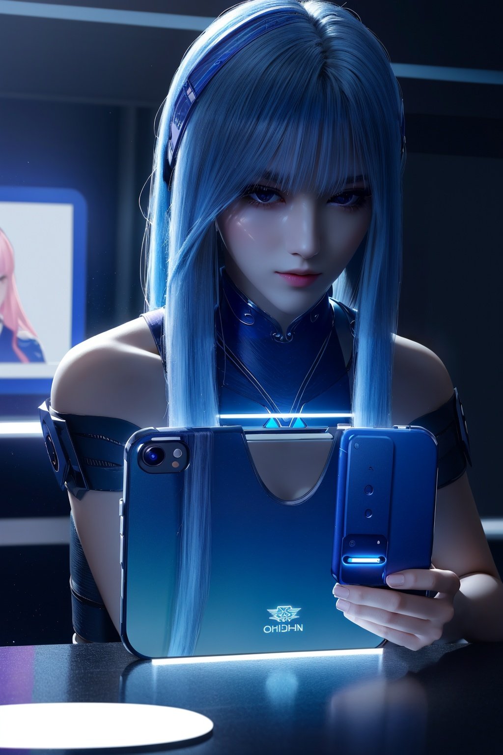 (Masterpiece, Best Picture Quality, Special Effects), Cyberpunk, a high-tech mobile phone with projection function. The phone projects content horizontally on a table, projecting a girl, blue hair, bangs, futuristic style (module),Phone case,dzn-hd