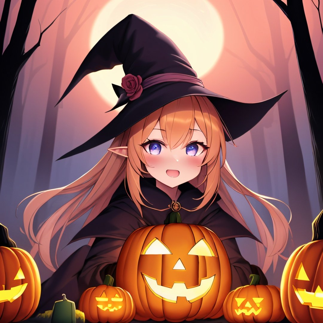 highly detailed, psychedelic art (1.4), woman-demon (1.3), floating in dark mist (1.1),(best quality), (masterpiece), dreamlike art, cute, kawaii, no watermark signature, detailed background, jack-o'-lantern, witch hat, spider web, bats, haunted mansion, full moon, eerie night sky, spooky decorations, ghostly apparitions, pumpkin patch,black cat, gothic elements, supernatural powers, magical spells,spellbindingenchantment, nieni-hd, no humans, blush, open mouth, ghost, smile,