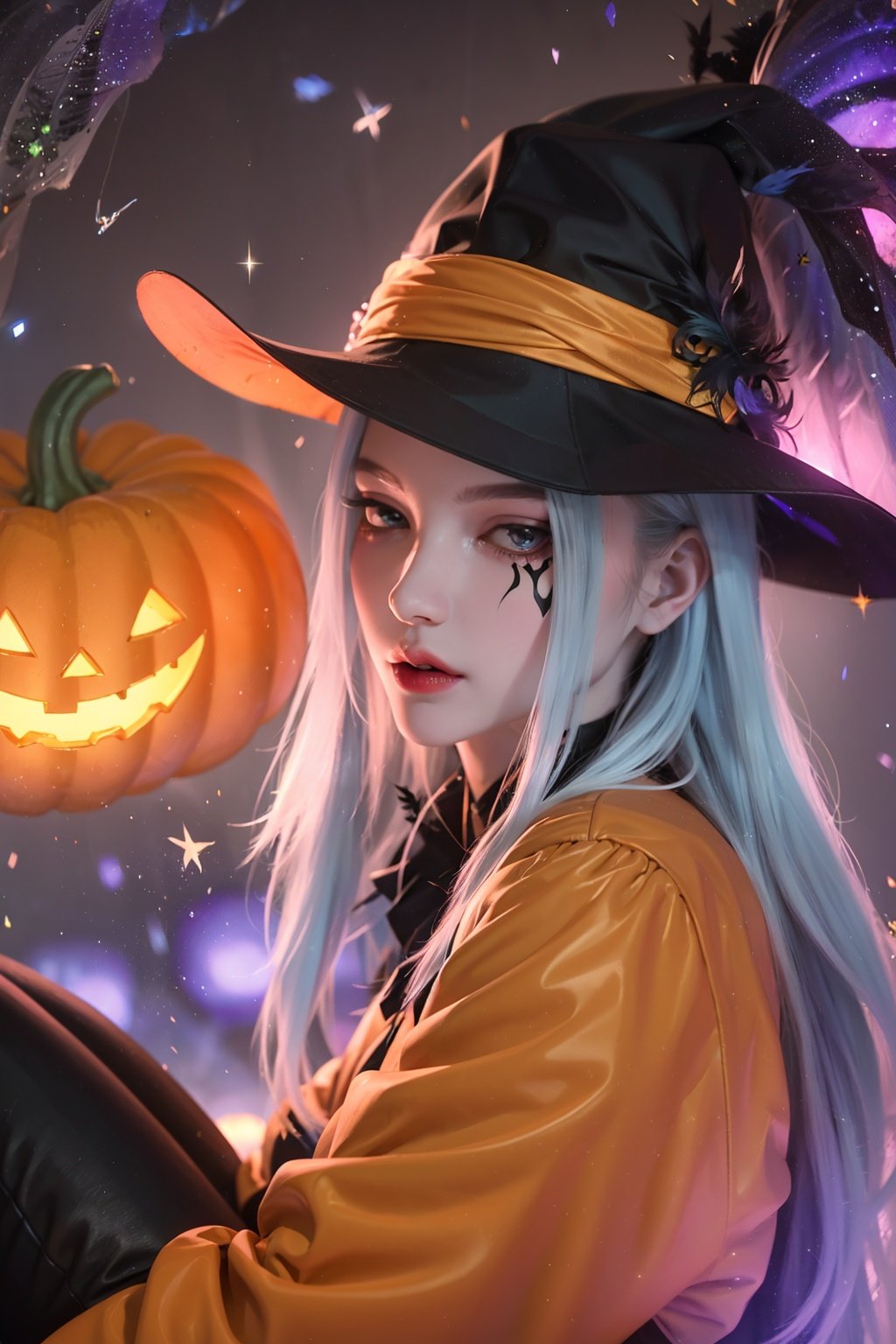  1girl,((lots of galaxy+halloween color feathers):1.3), orange tone color, cute face, sitting, Hair pumpkin, decorative art, pumpkin, xmv-hd, wsj-hd, xwhd, mds-hd,mdsc-hd, jyy-hd