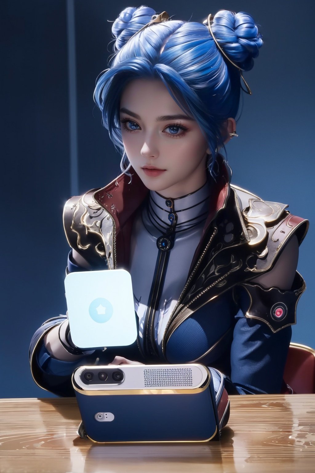 (Masterpiece, Best Picture Quality, Special Effects), Cyberpunk, a high-tech mobile phone with projection function. The phone projects content horizontally on a table, projecting a girl, blue hair, bangs, futuristic style (module),Phone case