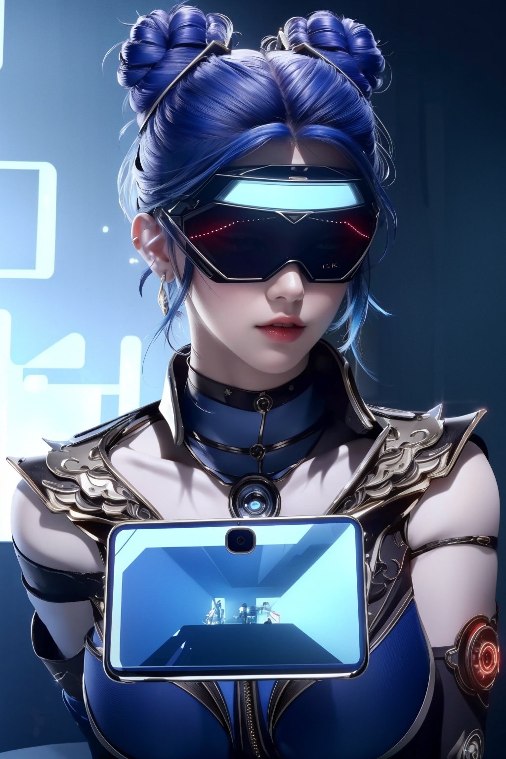 (Masterpiece, Best Picture Quality, Special Effects), Cyberpunk, a high-tech mobile phone with projection function. The phone projects content horizontally on a table, projecting a girl, blue hair, bangs, futuristic style (module),Phone case