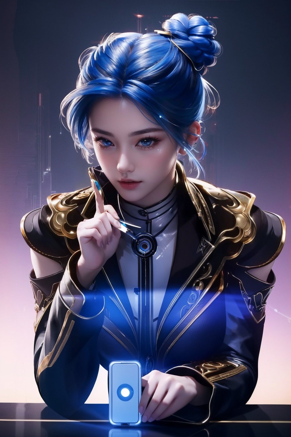 (Masterpiece, Best Picture Quality, Special Effects), Cyberpunk, a high-tech mobile phone with projection function. The phone projects content horizontally on a table, projecting a girl, blue hair, bangs, futuristic style (module),Phone case