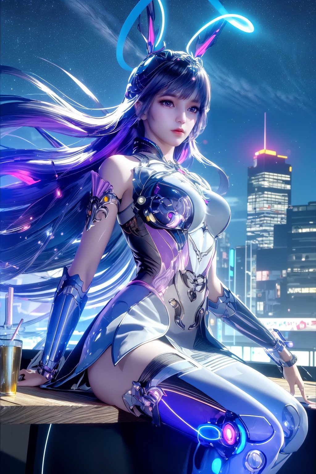 (Masterpiece, Best Picture Quality, Special Effects), Cyberpunk, a high-tech mobile phone with projection function. The phone projects content horizontally on a table, projecting a girl, blue hair, bangs, futuristic style (module),Phone case,xwhd,dark aura,cyber effect, (1girl:1.4),solo,alone,mecha musume,mechanical parts, robot joints,single mechanical arm, headgear, mechanical halo,star halo,intricate mechanical bodysuit, mecha corset, full armor, very long hair,white hair, hair between eyes, multicolored hair, colored inner hair, glowing eye,eye trail, random expressions,random action, pond, starry sky,skyline,Pink Mecha,Cyberworld