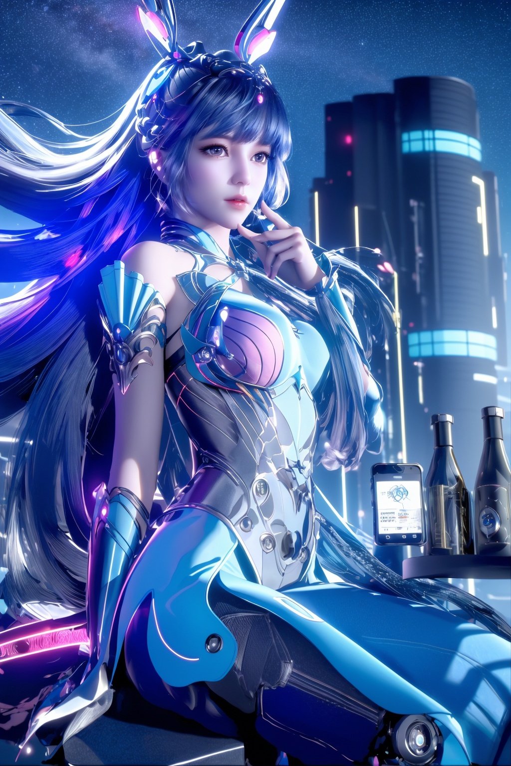 (Masterpiece, Best Picture Quality, Special Effects), Cyberpunk, a high-tech mobile phone with projection function. The phone projects content horizontally on a table, projecting a girl, blue hair, bangs, futuristic style (module),Phone case,xwhd,dark aura,cyber effect, (1girl:1.4),solo,alone,mecha musume,mechanical parts, robot joints,single mechanical arm, headgear, mechanical halo,star halo,intricate mechanical bodysuit, mecha corset, full armor, very long hair,white hair, hair between eyes, multicolored hair, colored inner hair, glowing eye,eye trail, random expressions,random action, pond, starry sky,skyline,Pink Mecha,Cyberworld