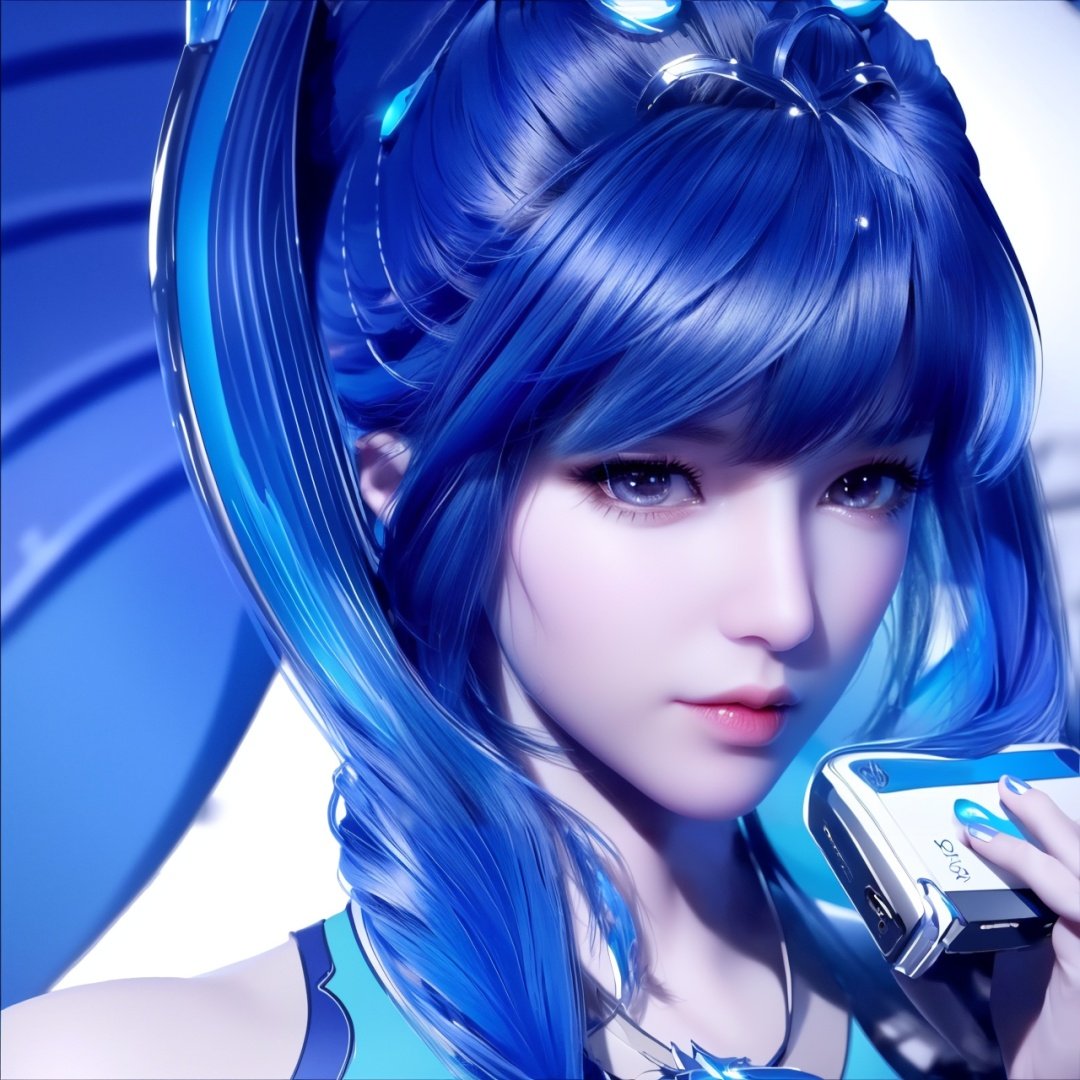 (Masterpiece, Best Picture Quality, Special Effects), Cyberpunk, a high-tech mobile phone with huge wings and a girl sits on it and travels in space.  a girl, blue hair, bangs, futuristic style (module), (detailed portrayal of mobile phone: 1.5),xwhd