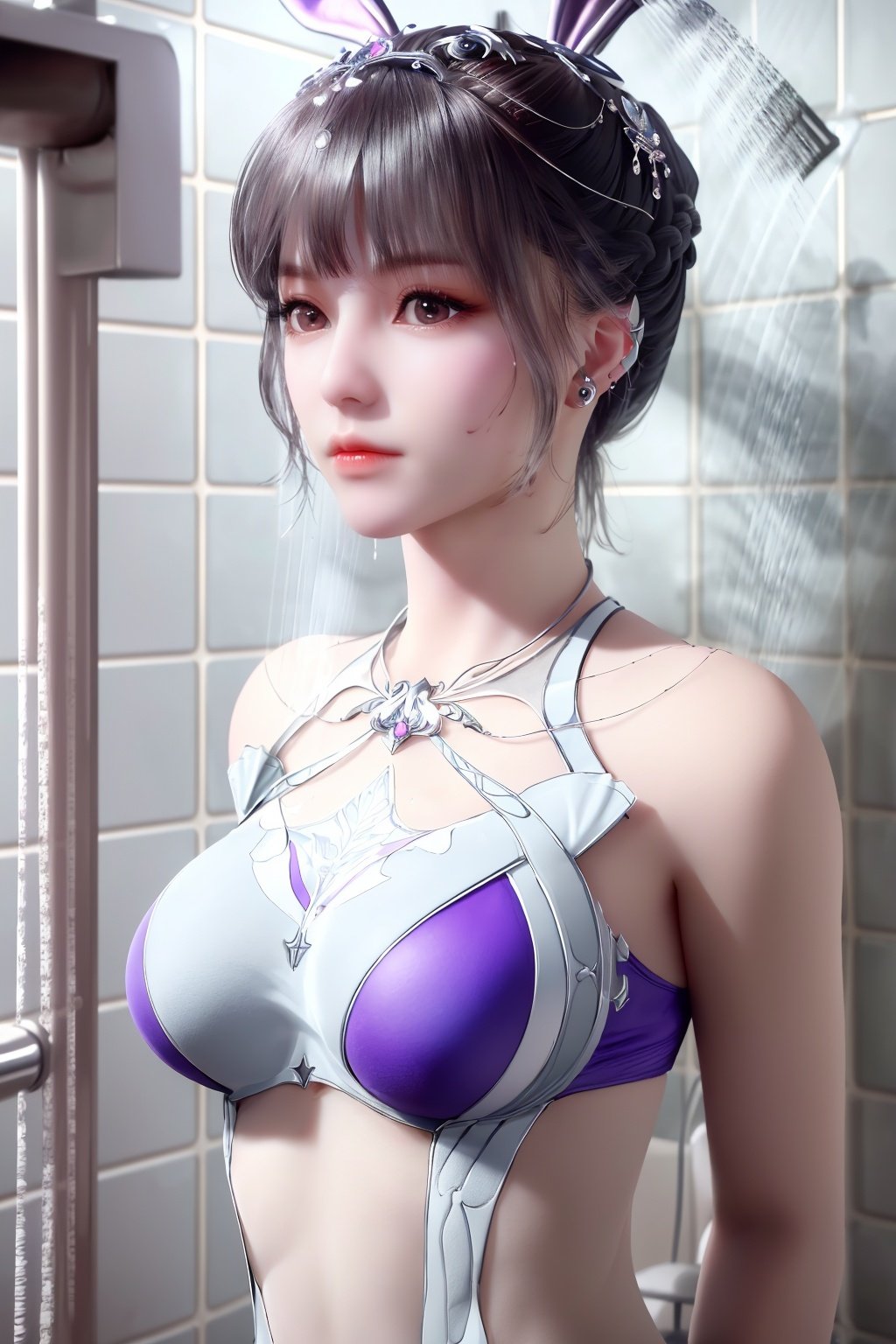 (8k, RAW photo, masterpiece:1.2),incredibly absurdres,absurdres,wallpaper,(super realistic, photo-realistic:1.3),ultra-detailed,extremely detailed cg 8k wallpaper,hatching (texture),skin gloss,light persona,(crystalstexture skin:1.2),(extremely delicate and beautiful),(((a girl is taking a shower in the bathtub,expose only the upper body,wipe yourself with shower gel,surrounded by rising hot air,moist skin))),(bikini:1.2),hair bun,1girl,bare shoulders,purple_eyes,high_heels,jewelry,hair ornament,earrings,looking_at_viewer,( pov:1.2),arms behind back,cowboy_shot,pink_dress,white_dress,rabbit ears.animal ears,(breasts,medium_breasts),looking_at_viewer,,xwhd,1 girl