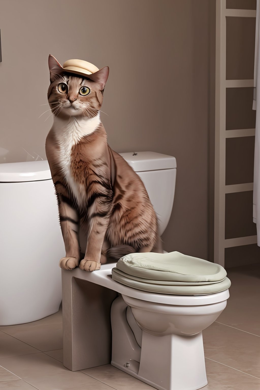 (absurdres, highres, ultra detailed, high resolution:1.1), cat, realistic, non-human, hairy, hat, cute, full body, (dressed animal, clothed animal:1.2),pussy,BSP,toilet