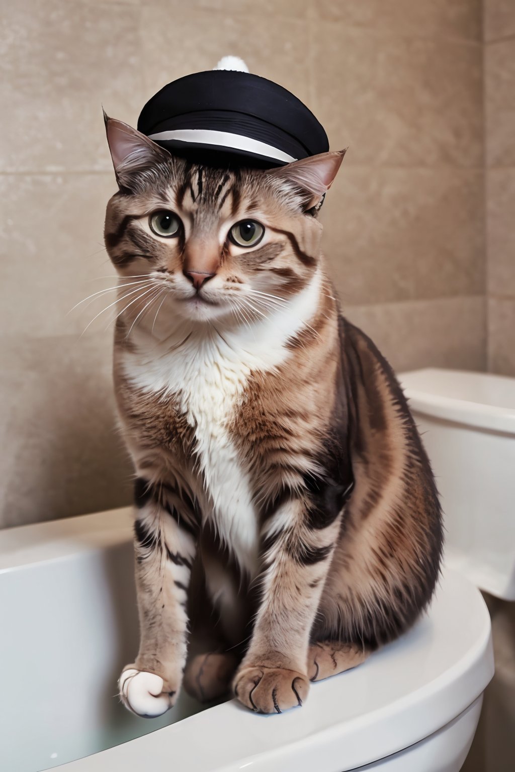 (absurdres, highres, ultra detailed, high resolution:1.1), cat, realistic, non-human, hairy, hat, cute, full body, (dressed animal, clothed animal:1.2),pussy,BSP,toilet