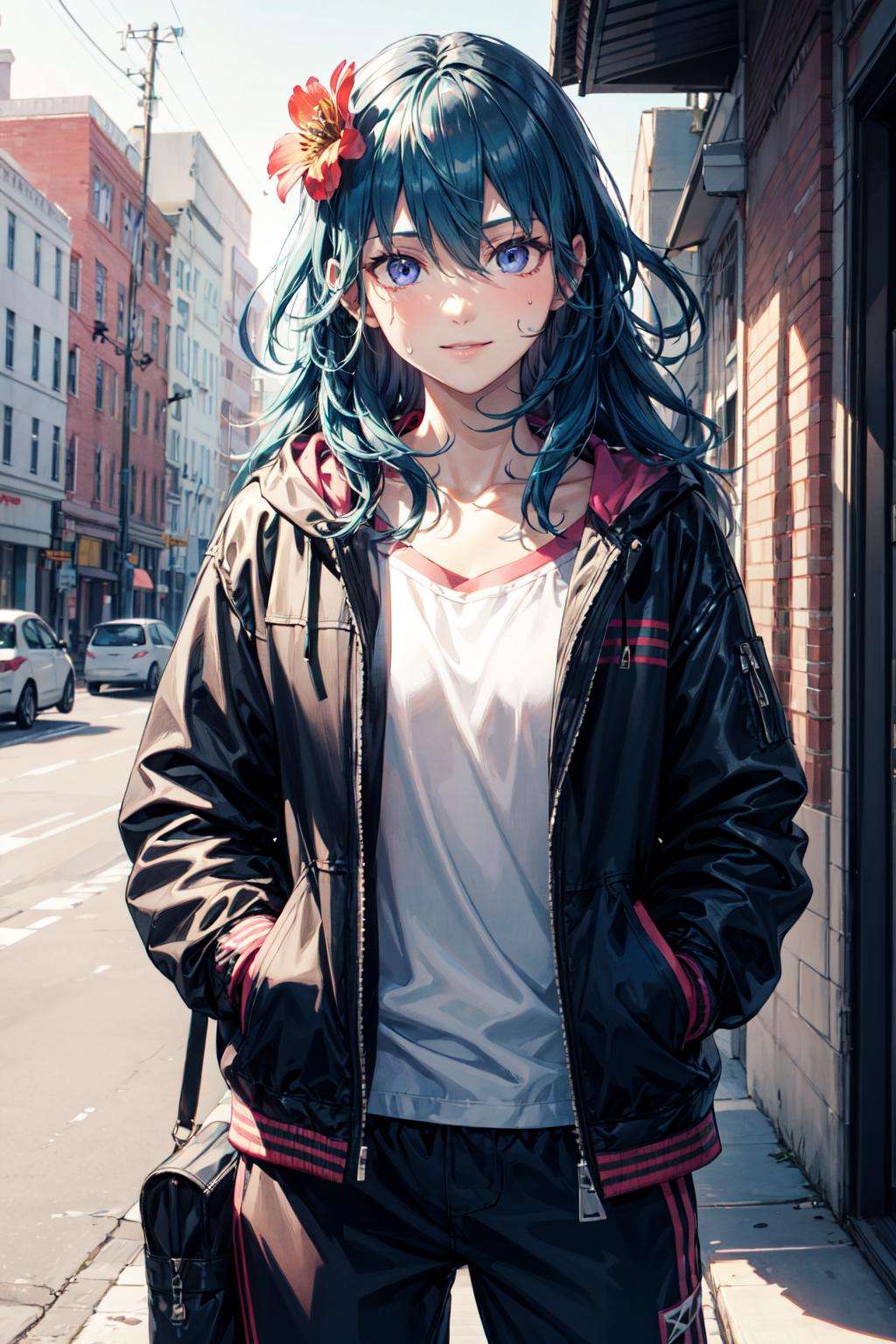 byleth ,1girl, solo, blue hair, blue eyes, hair between eyes, <lora:byleth-15:1>, standing <lora:add_detail:0.7>  smile, facing viewer, jacket, white shirt, open jacket, sweatpants, hair ornament, hair flower, collarbone, hand in pocket, 