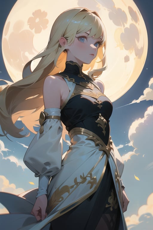 bjelegant,1girl,solo,longhair,bareshoulders,lookingatviewer,flower,wind,sky,cloud,statelygoldcircuitboardtracesilkthread,full_moon,Frombelow,realistic,cinematiclighting,strongcontrast,highlevelofdetail,Bestquality,masterpiece,Whitebackground,Intricatepattern,Ornatedecoration,