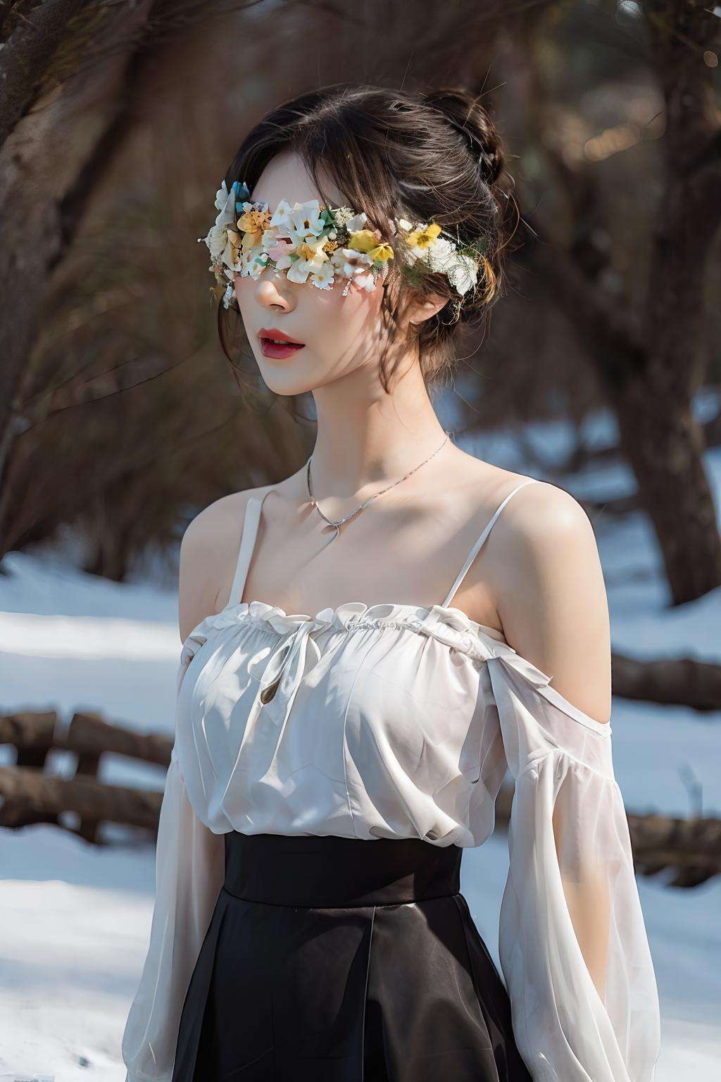 A photo-realistic rendering charming 1 girl,  (Flower Blindfold), full body, RAW photo, HDR, Film light, beautiful detailed eyes and face, nature landscape, <lora:Flower_BlindfoldSora:0.9>, masterpiece,ultra realistic,32k,extremely detailed CG unity 8k wallpaper, best quality,(winter day ),lady ,necklace ,eardrop, Petra, Jordan, ( deep purple Wear a pencil skirt with a silk blouse ) , Sandy blonde hair Messy bun ,