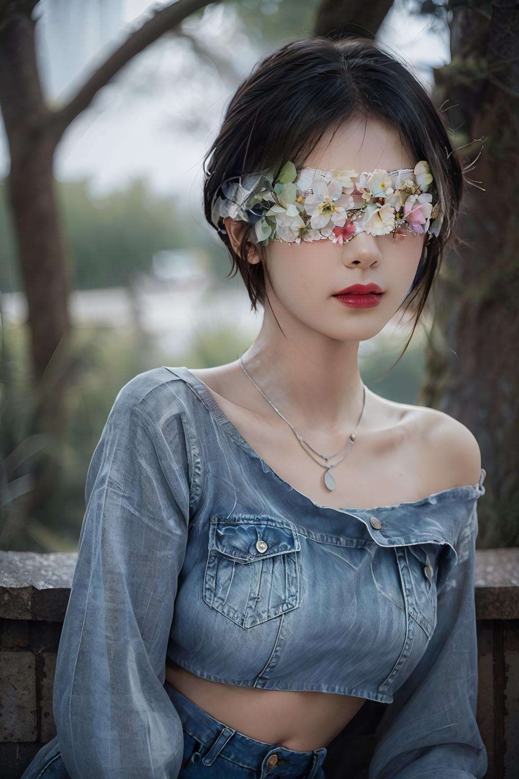 A photo-realistic rendering charming 1 girl,  (Flower Blindfold), full body, RAW photo, HDR, Film light, beautiful detailed eyes and face, nature landscape, <lora:Flower_BlindfoldSora:0.9>, masterpiece,ultra realistic,32k,extremely detailed CG unity 8k wallpaper, best quality,(winter day ),lady ,necklace ,eardrop, Cappadocia, Turkey, ( Silver Going for a retro look with high-waisted jeans and a crop top ) , colored tips hair Pixie cut ,