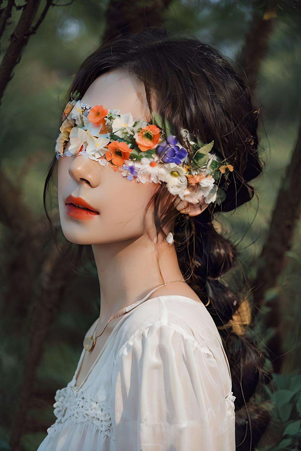 A photo-realistic rendering charming 1 girl,  (Flower Blindfold), full body, RAW photo, HDR, Film photo, beautiful detailed eyes and face, nature landscape, <lora:Flower_BlindfoldSora:0.9>, masterpiece,ultra realistic,32k,extremely detailed CG unity 8k wallpaper, best quality,(summer day ),lady ,necklace ,eardrop, The Amazon Rainforest, Brazil, ( electric orange Monochromatic dressing ) , Ginger hair low twintails ,