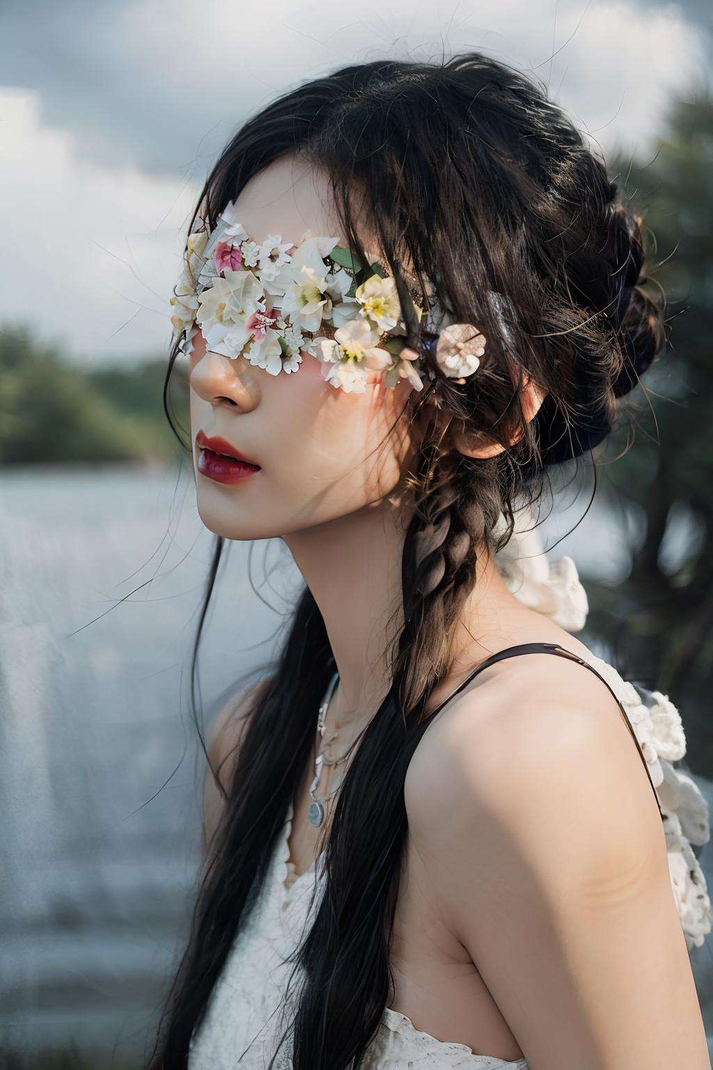 A photo-realistic rendering charming 1 girl,  (Flower Blindfold), full body, RAW photo, HDR, Film photo, beautiful detailed eyes and face, nature landscape, <lora:Flower_BlindfoldSora:0.9>, masterpiece,ultra realistic,32k,extremely detailed CG unity 8k wallpaper, best quality,(spring day ),lady ,necklace ,eardrop, Bora Bora, French Polynesia, ( Azure Styling with a scarf ) , Silver hair chignon hair ,