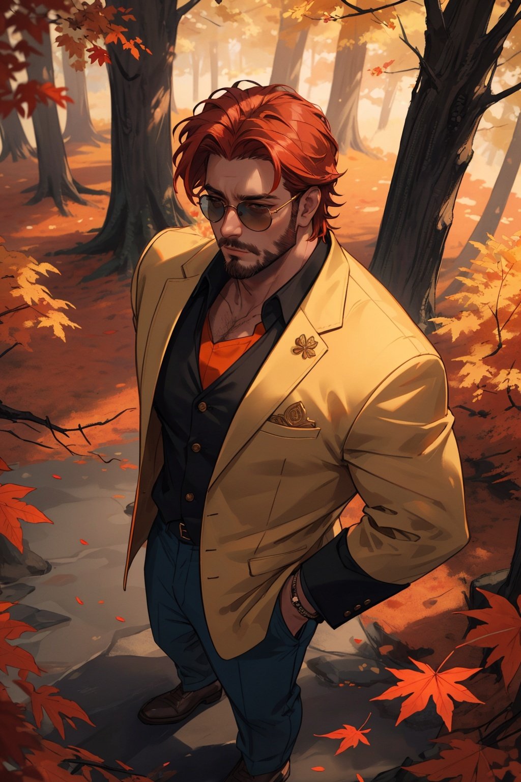 masterpiece,best quality,highres,4k,from above,1man,stubble,muscular,Mongolia,50 years old,suit pants,A colorful autumn landscape, with trees adorned in vibrant shades of red, orange, and gold.,volume light,depth of field,