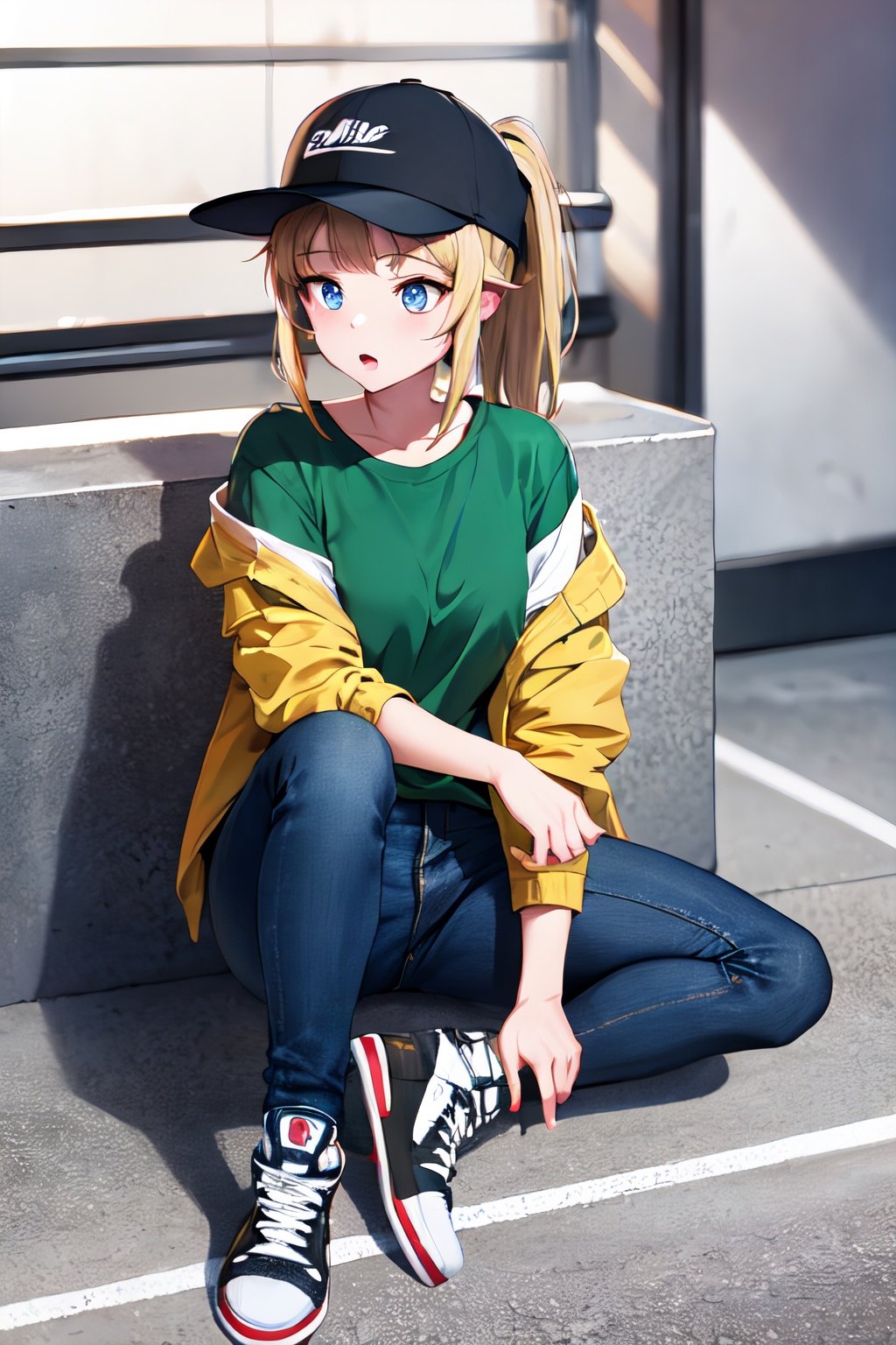 masterpiece, best quality, highres, fumina, blue eyes, green shirt, jacket, baseball_cap, ponytail, jeans, ,air jordan, shoe