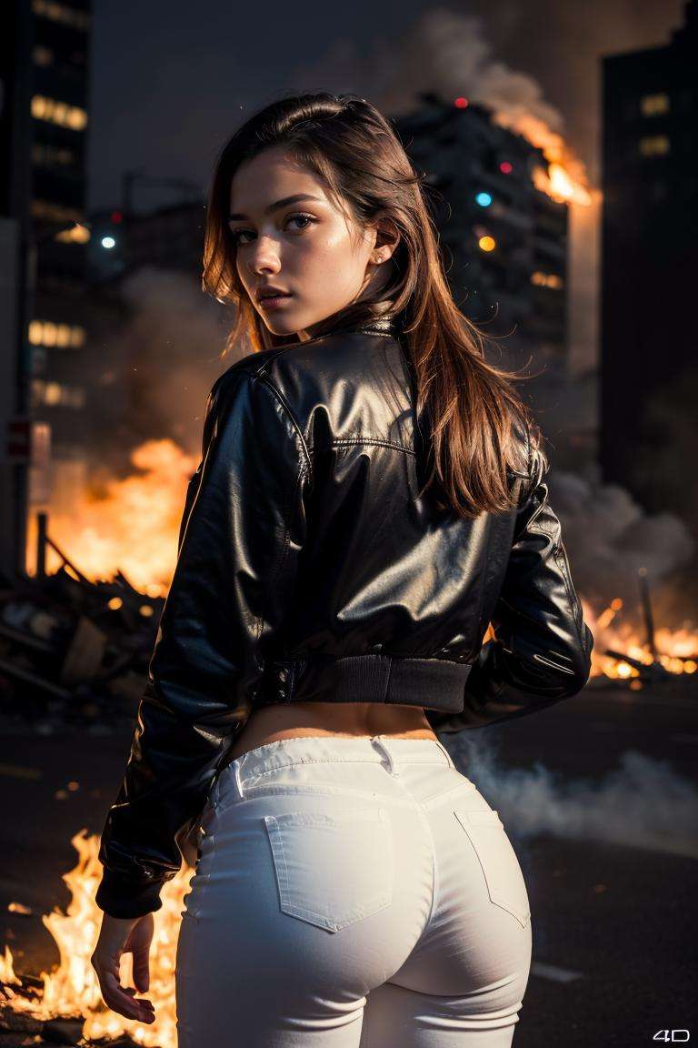 (best quality, photorealistic, hyper realistic, masterpiece:1.3), a close up photo of 1girl, perfect ass, short white pants, shirt, jacket, fire, smoke, fog, very fast, night street, destroyed buildings, (city), light effects, high quality, highres, 4k, 8k