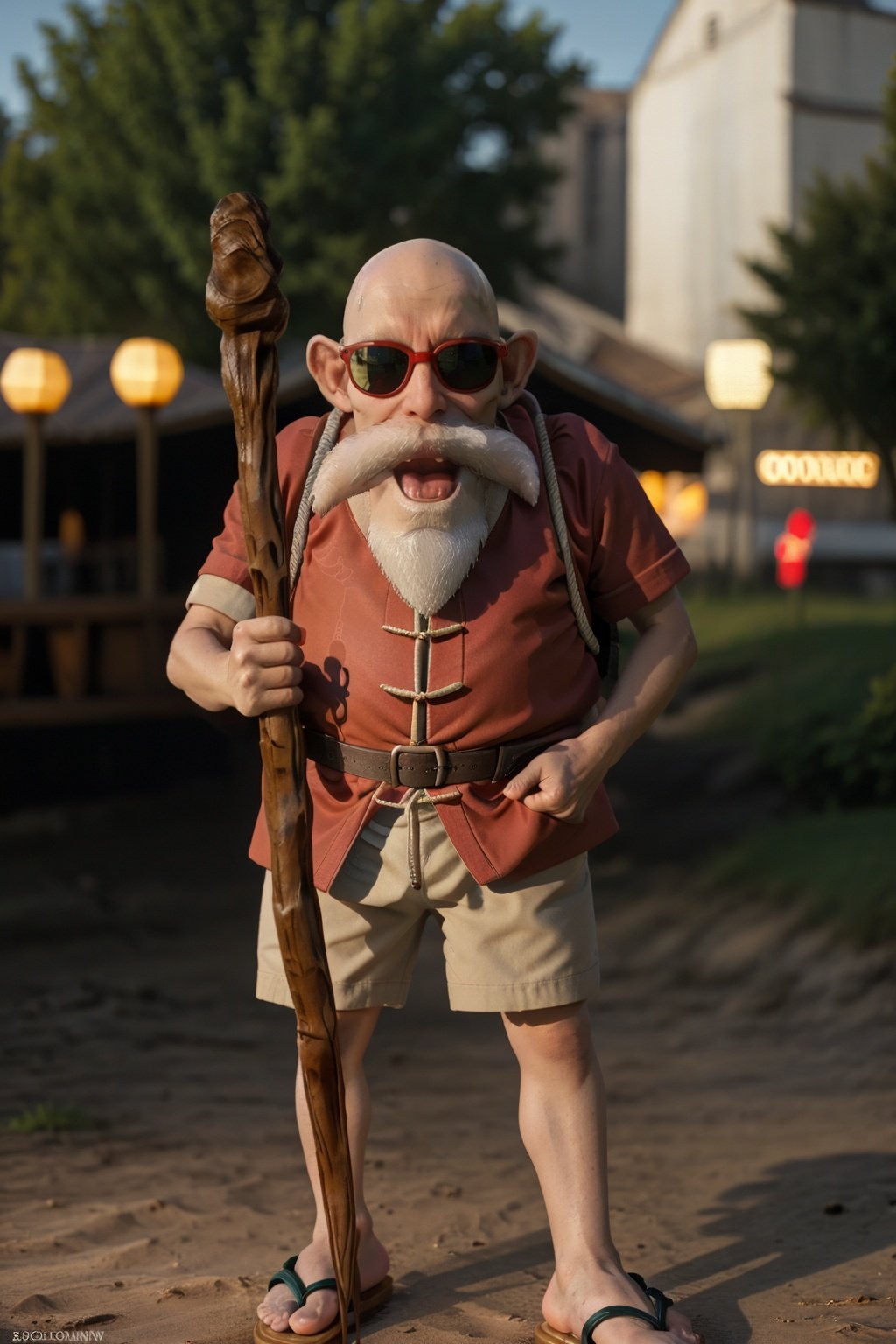 cinematic film still cinematic photo k4k3k,open mouth, facial hair, sunglasses, beard, bald, old, old man, white hair, ((dwarf)),mustache, staff, shirt, shorts, holding, standing, orange chinese clothes, pants, bag, sandals, holding staff, <lora:k4k3k-04:1> . 35mm photograph, film, bokeh, professional, 4k, highly detailed . shallow depth of field, vignette, highly detailed, high budget Hollywood movie, bokeh, cinemascope, moody, epic, gorgeous, film grain, grainy