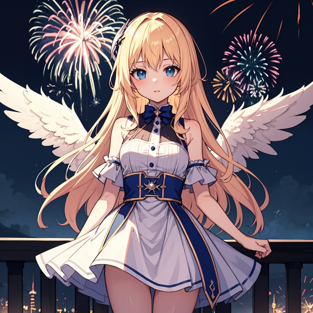 a 1girl with angel wings and a clock in the background with fireworks and stars around her,  and a clock in the middle of...