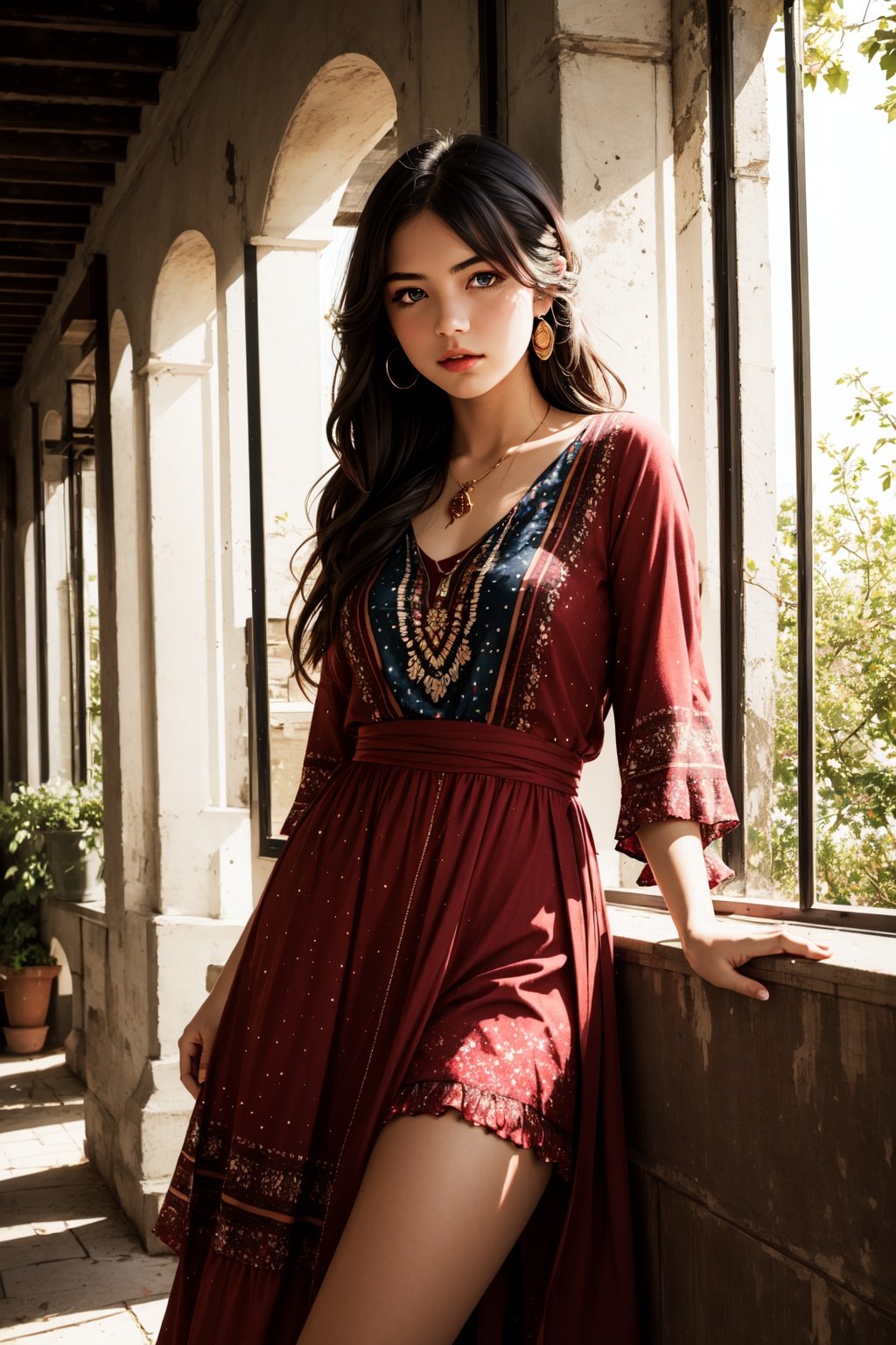 masterpiece, best quality,ultra-detailed,ultra high res, by cgart_firefly, 1girl\(portrait, bohemian style, flowing dresses, layered clothing, earthy colors, fringe accessories, ethnic prints, natural fabrics\), (butterfly),BREAK,artistic designs, cinematic