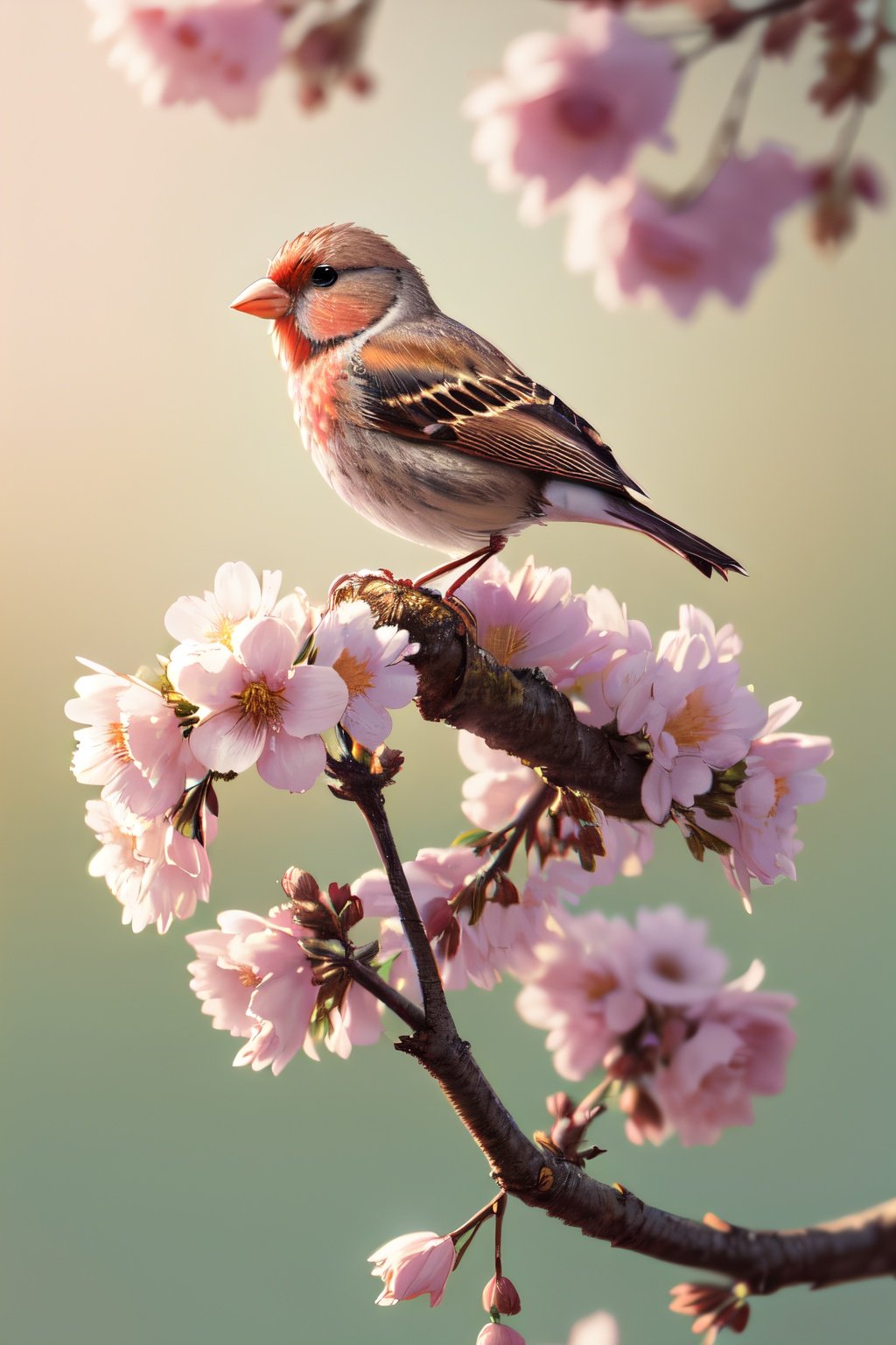 a tiny finch on a branch with spring flowers on background:1.0, aesthetically inspired by Evelyn De Morgan, art by Bill Sienkiewicz and Dr. Seuss, ray tracing, volumetric lighting, octane render