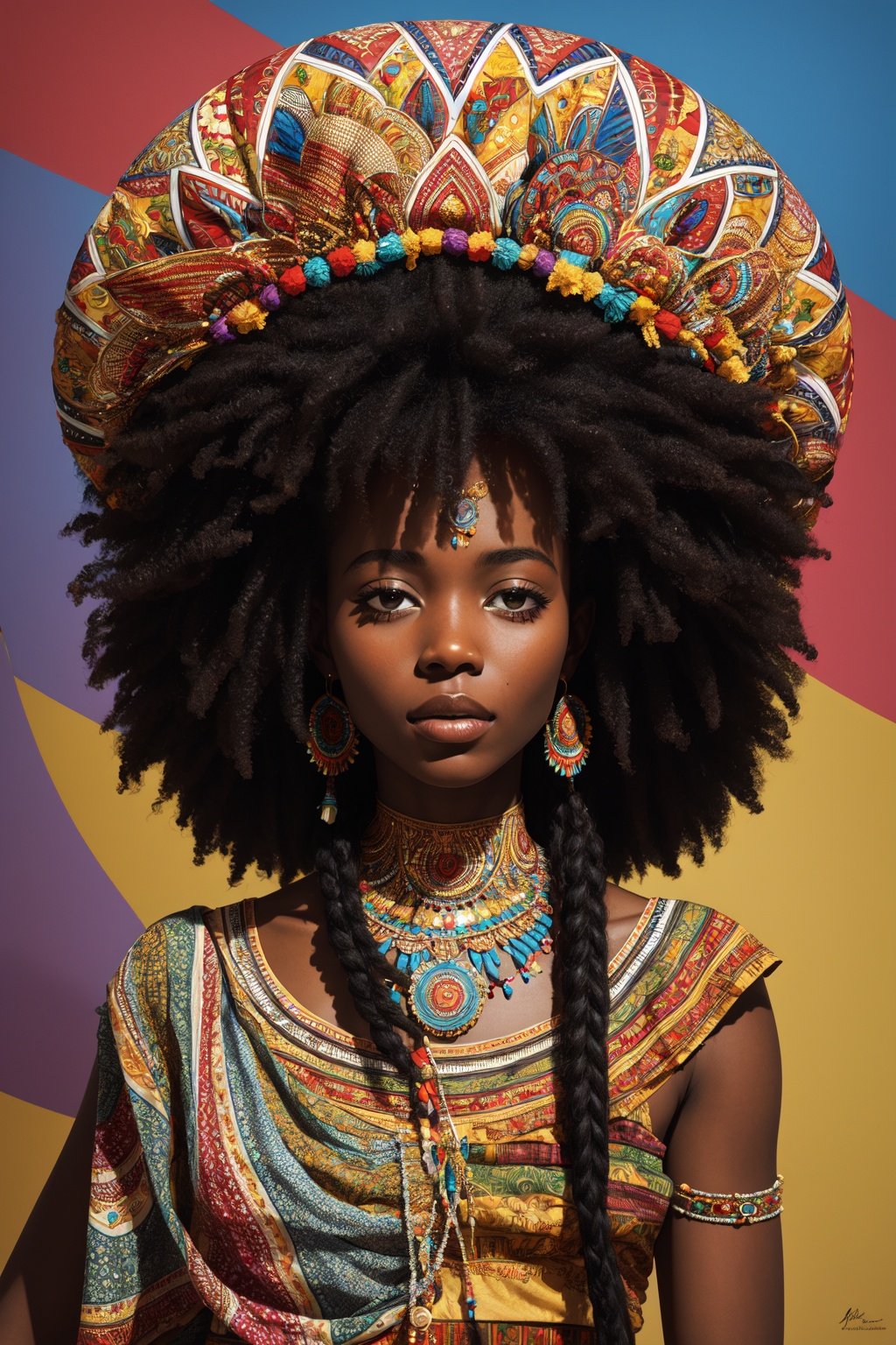 high quality, masterpiece, 1girl, African queen, afro, psychedelic