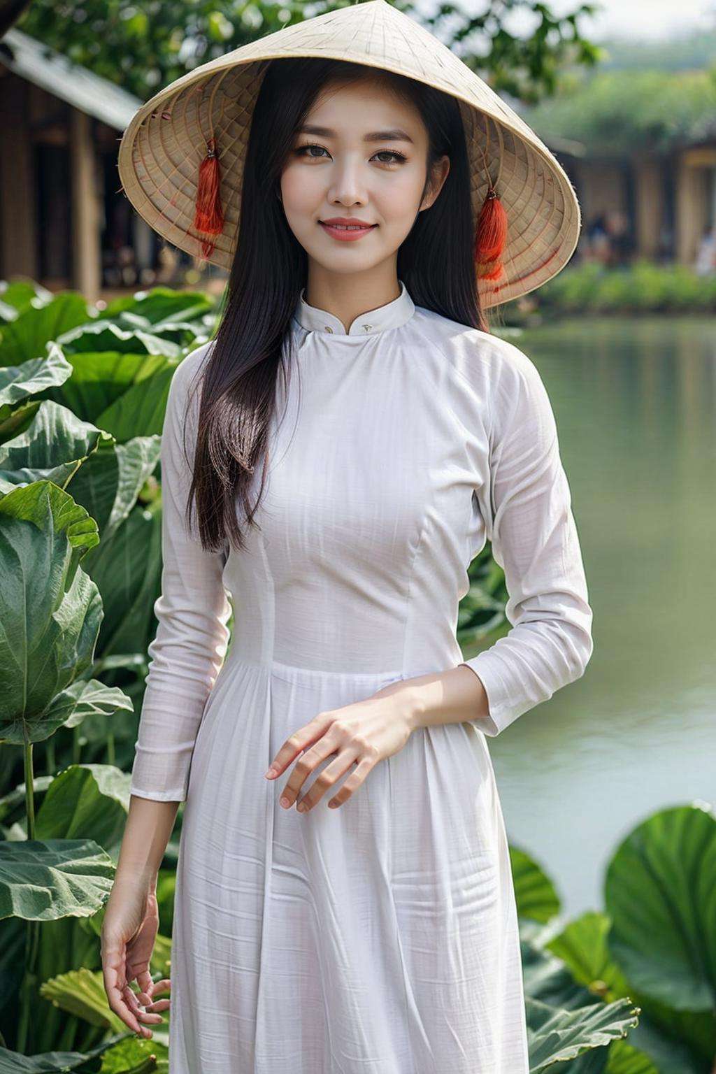 1girl, ((countryside in Vietnam)), ultra high res,(realistic:1.3)),deep shadow,(best quality, masterpiece), pale skin, dimly lit, shade, flustered, blush, highly detailed, (upper body)), depth of field, film grain, wrinkled skin, looking at viewer,  warm smile, solo, <lora:nonla-000010:0.65>, hat, (white <lora:aodai:0.7>), aodai,, (masterpiece,best quality:1.5)