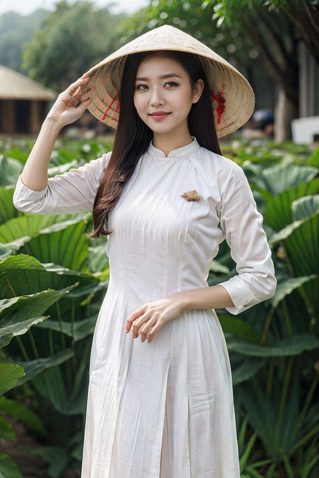 1girl, ((countryside in Vietnam)), ultra high res,(realistic:1.3)),((random pose)), deep shadow,(best quality, masterpiece), pale skin, dimly lit, shade, flustered, blush, highly detailed, (upper body)), depth of field, film grain, wrinkled skin, looking at viewer,  warm smile, solo, <lora:nonla-000010:0.65>, hat, (white <lora:aodai:0.7>), aodai,, (masterpiece,best quality:1.5)